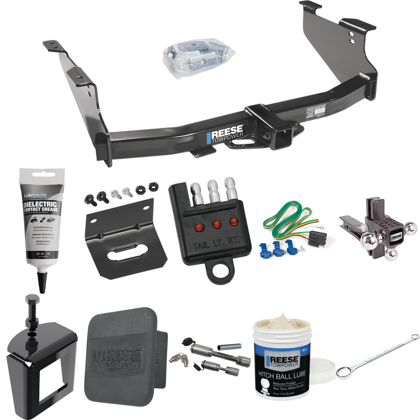 Fits 2003-2009 Dodge Ram 2500 Trailer Hitch Tow PKG w/ 4-Flat Wiring + Adjustable Drop Rise Triple Ball Ball Mount 1-7/8" & 2" & 2-5/16" Trailer Balls + Wiring Bracket + Hitch Cover + Dual Hitch & Coupler Locks + Wiring Tester + Ball Lube + Electric