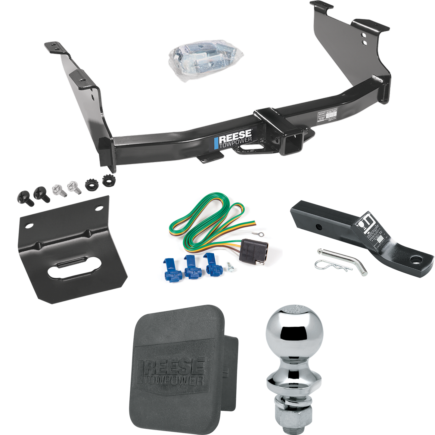 Fits 2003-2009 Dodge Ram 3500 Trailer Hitch Tow PKG w/ 4-Flat Wiring + Ball Mount w/ 2" Drop + 1-7/8" Ball + Wiring Bracket + Hitch Cover By Reese Towpower