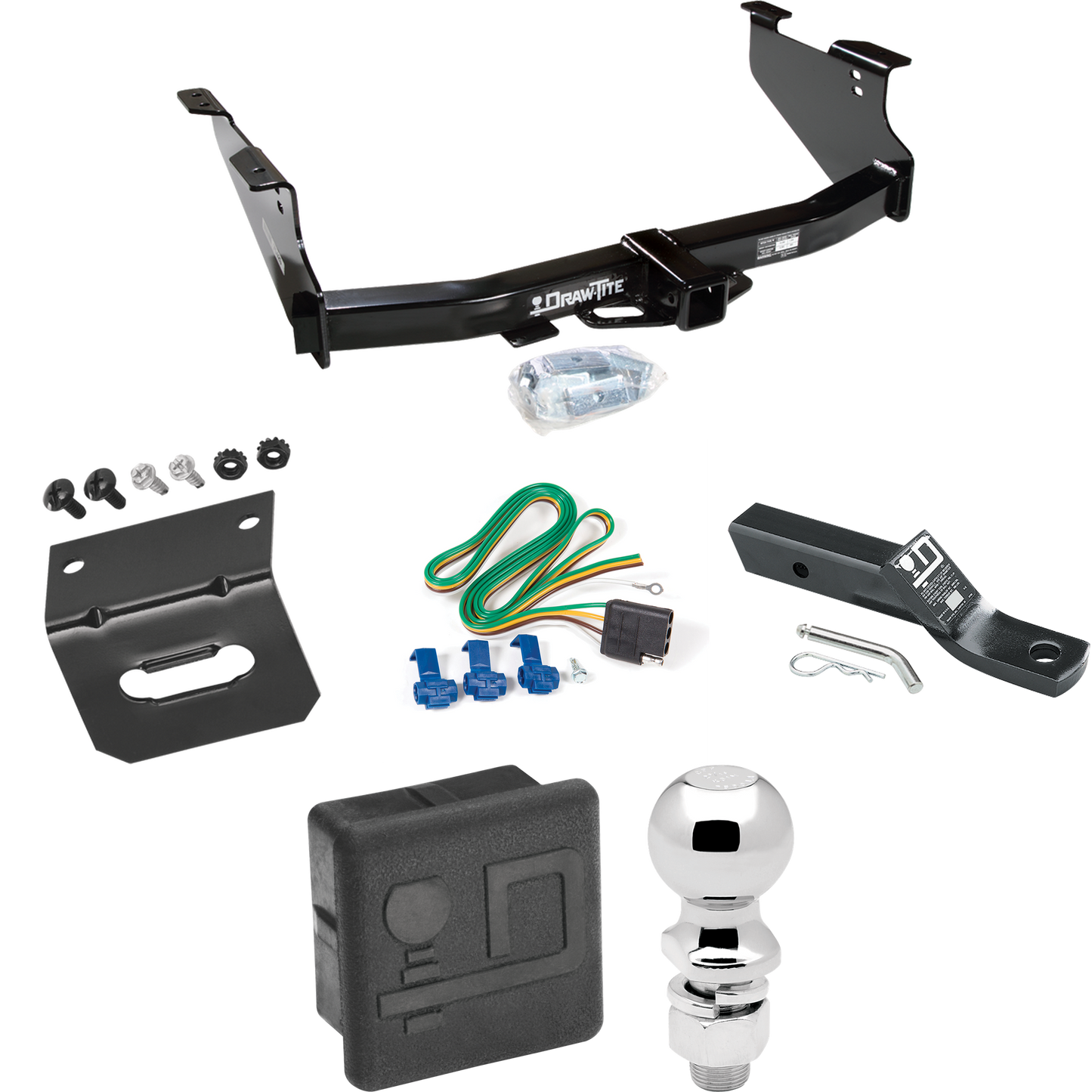 Fits 2004-2005 Dodge Ram 1500 Trailer Hitch Tow PKG w/ 4-Flat Wiring + Ball Mount w/ 2" Drop + 2-5/16" Ball + Wiring Bracket + Hitch Cover (Excludes: Daytona/Hemi Sport Quad Cab/Ram Rumble Bee/SRT-10 Models) By Draw-Tite