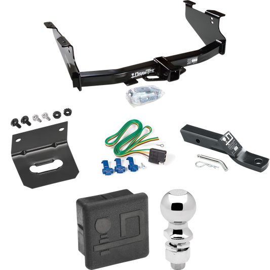 Fits 2004-2005 Dodge Ram 1500 Trailer Hitch Tow PKG w/ 4-Flat Wiring + Ball Mount w/ 2" Drop + 2-5/16" Ball + Wiring Bracket + Hitch Cover (Excludes: Daytona/Hemi Sport Quad Cab/Ram Rumble Bee/SRT-10 Models) By Draw-Tite