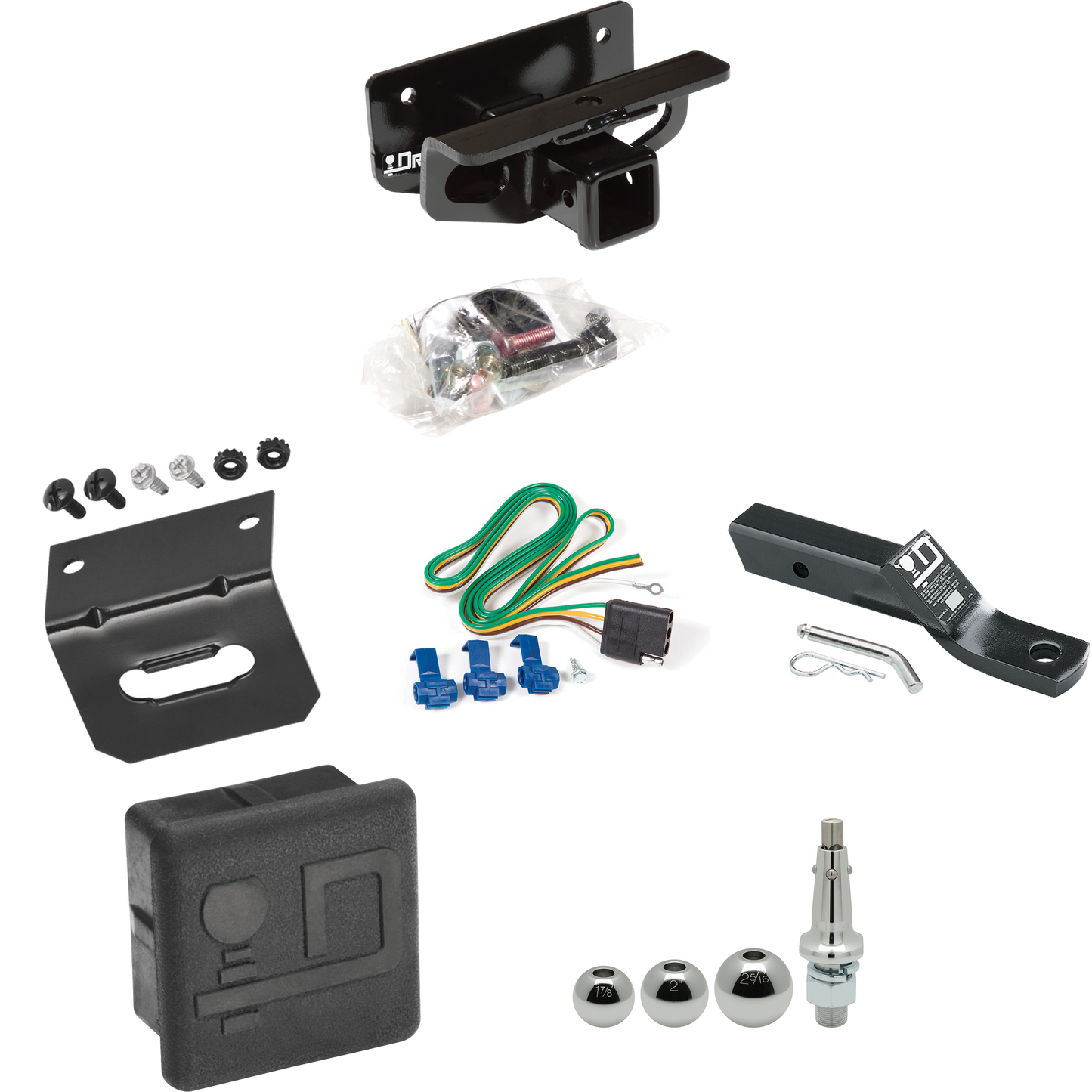 Fits 2006-2010 Dodge Ram 1500 Trailer Hitch Tow PKG w/ 4-Flat Wiring + Ball Mount w/ 2" Drop + Interchangeable Ball 1-7/8" & 2" & 2-5/16" + Wiring Bracket + Hitch Cover By Draw-Tite