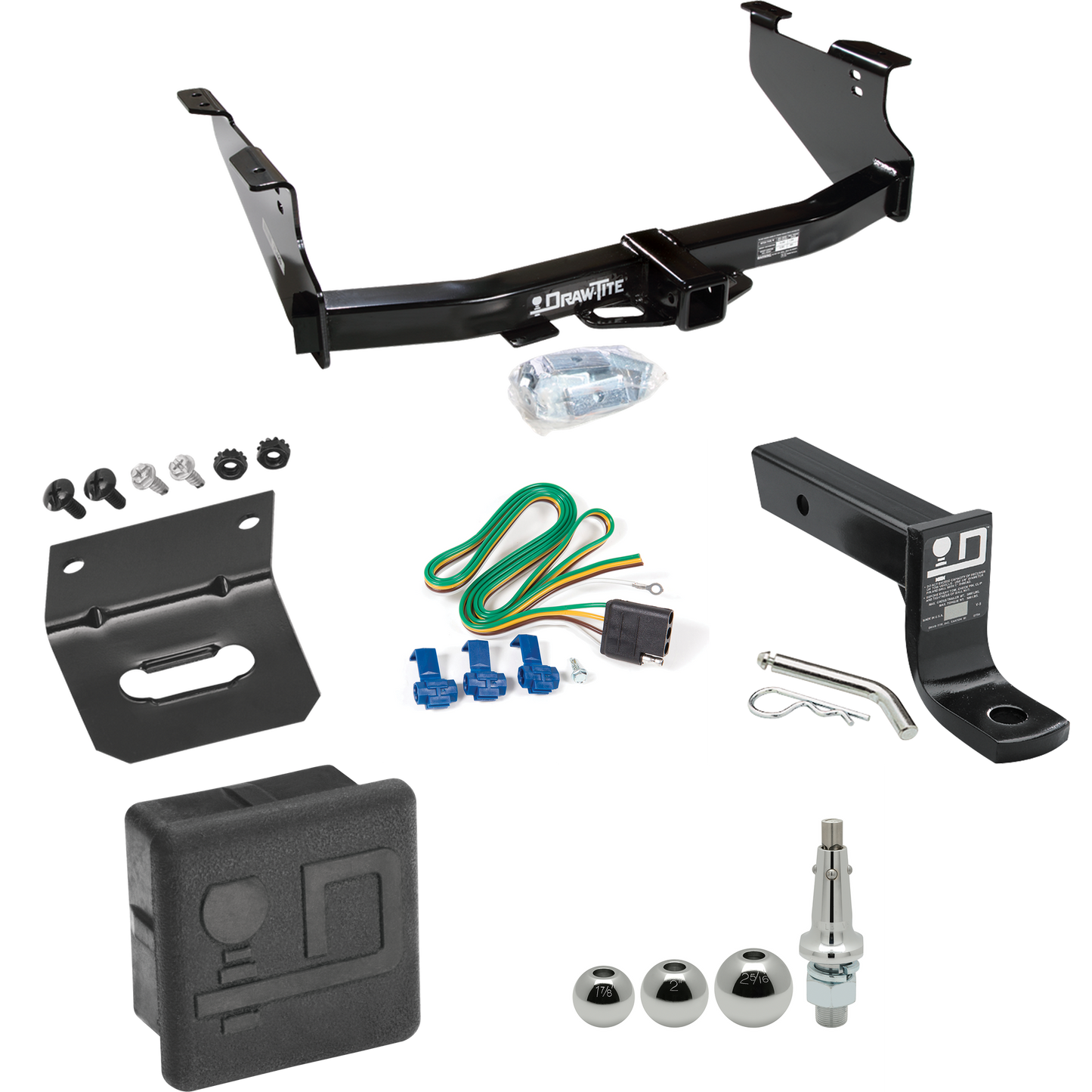 Fits 2004-2005 Dodge Ram 1500 Trailer Hitch Tow PKG w/ 4-Flat Wiring + Ball Mount w/ 4" Drop + Interchangeable Ball 1-7/8" & 2" & 2-5/16" + Wiring Bracket + Hitch Cover (Excludes: Daytona/Hemi Sport Quad Cab/Ram Rumble Bee/SRT-10 Models) By Draw-Tite