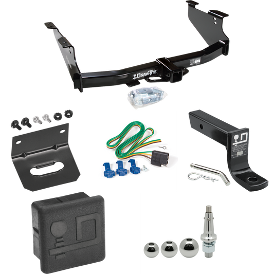 Fits 2004-2005 Dodge Ram 1500 Trailer Hitch Tow PKG w/ 4-Flat Wiring + Ball Mount w/ 4" Drop + Interchangeable Ball 1-7/8" & 2" & 2-5/16" + Wiring Bracket + Hitch Cover (Excludes: Daytona/Hemi Sport Quad Cab/Ram Rumble Bee/SRT-10 Models) By Draw-Tite