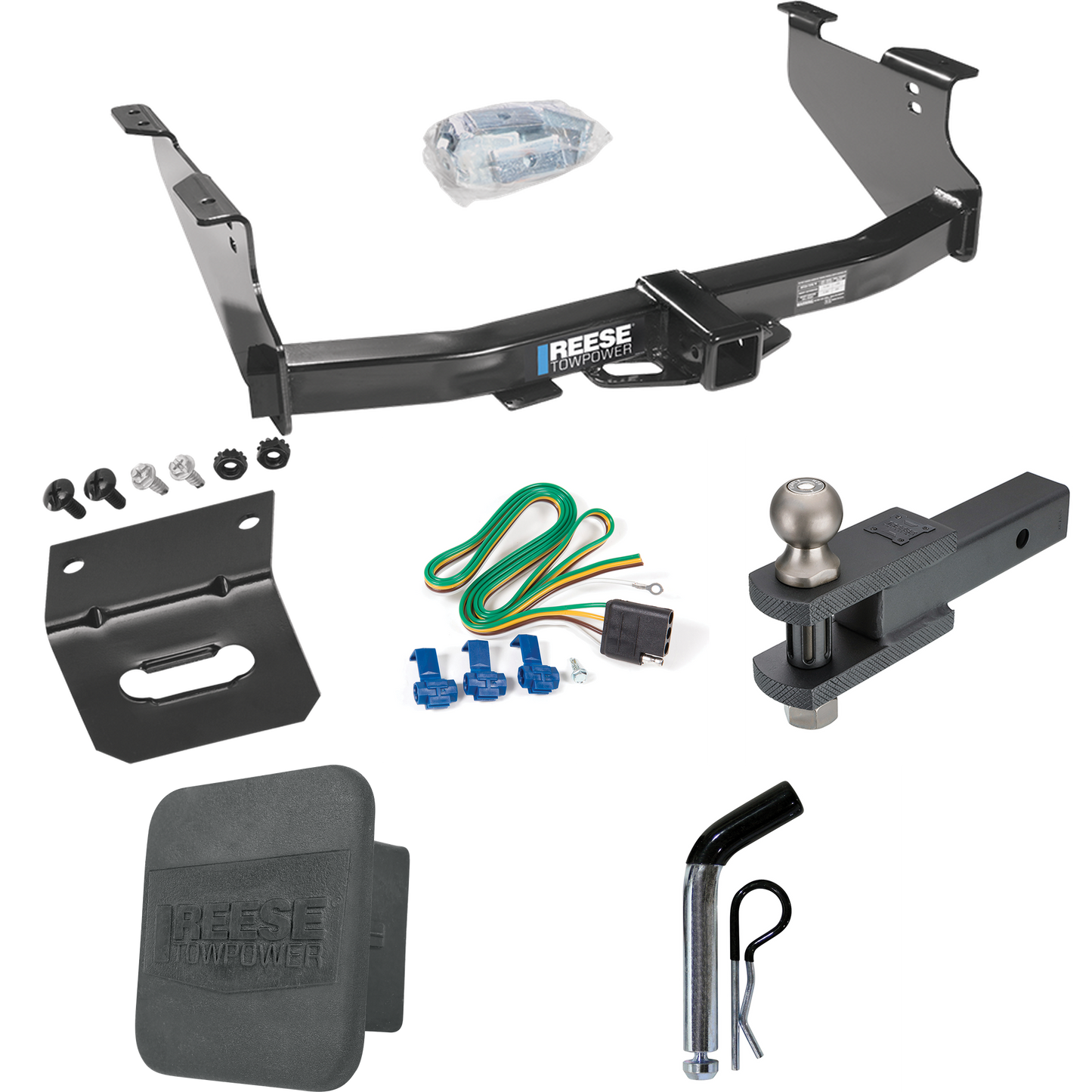 Fits 2004-2005 Dodge Ram 1500 Trailer Hitch Tow PKG w/ 4-Flat Wiring + Clevis Hitch Ball Mount w/ 2" Ball + Pin/Clip + Wiring Bracket + Hitch Cover (Excludes: Daytona/Hemi Sport Quad Cab/Ram Rumble Bee/SRT-10 Models) By Reese Towpower