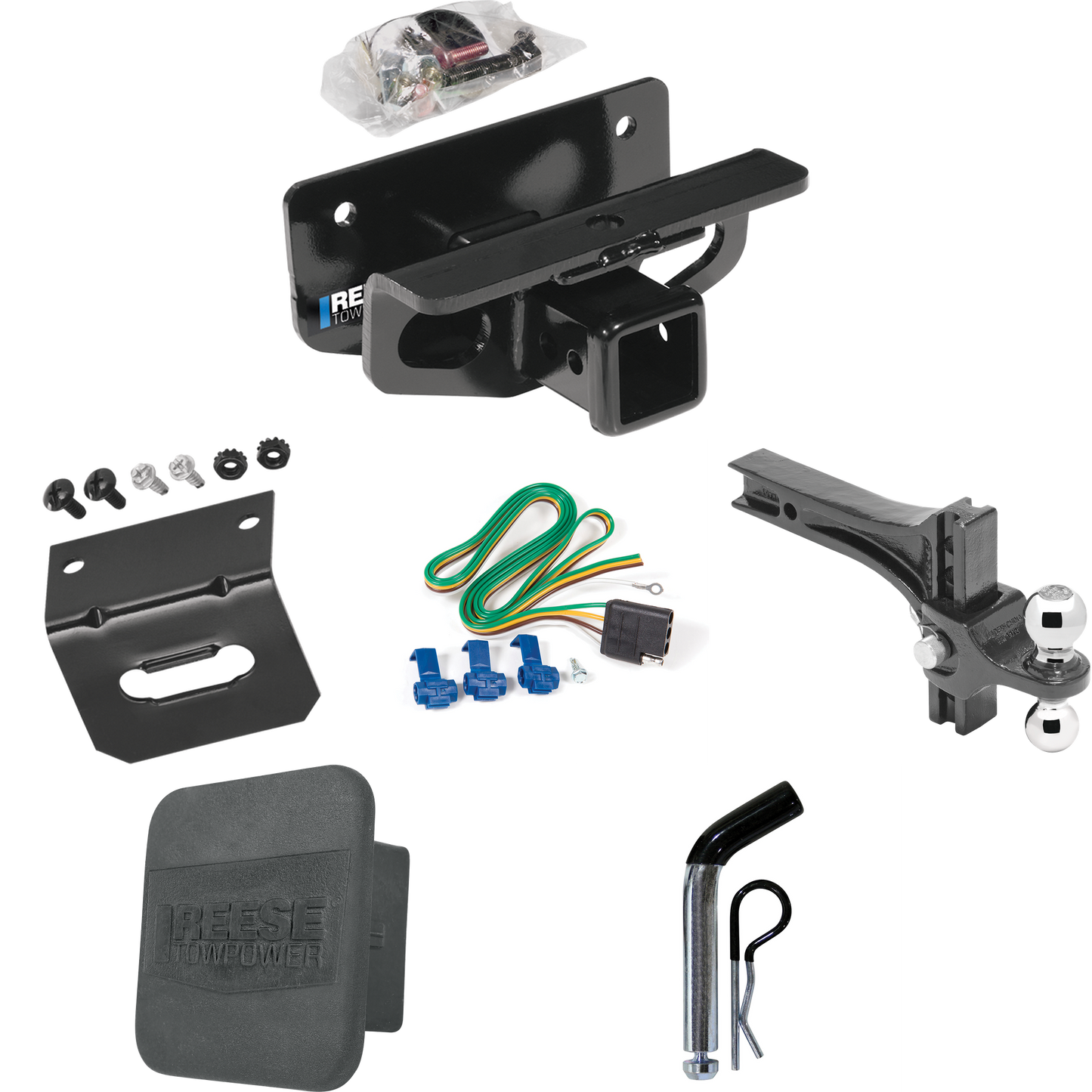 Fits 2011-2018 RAM 1500 Trailer Hitch Tow PKG w/ 4-Flat Wiring + Dual Adjustable Drop Rise Ball Ball Mount 2" & 2-5/16" Trailer Balls + Pin/Clip + Wiring Bracket + Hitch Cover By Reese Towpower