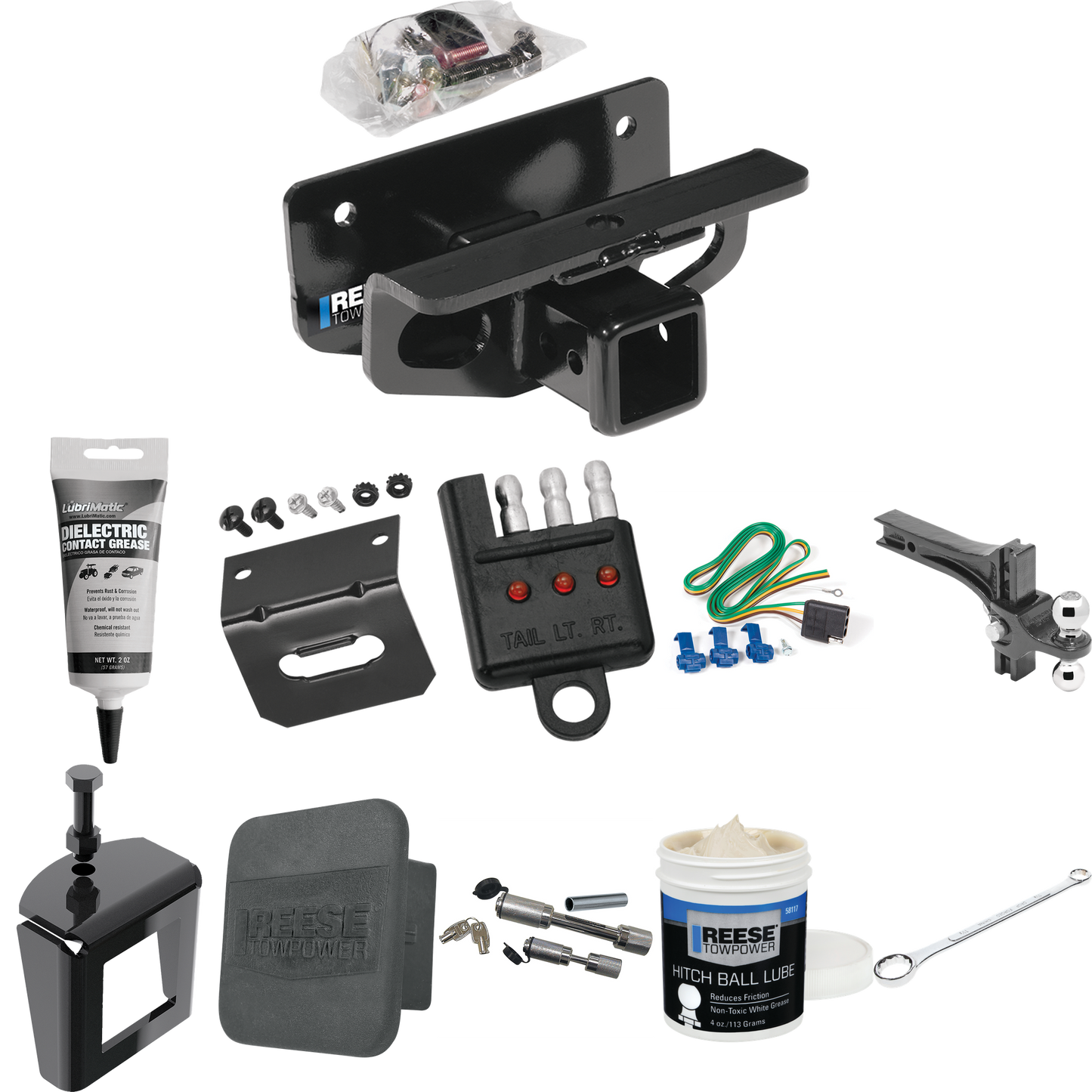 Fits 2003-2009 Dodge Ram 2500 Trailer Hitch Tow PKG w/ 4-Flat Wiring + Dual Adjustable Drop Rise Ball Ball Mount 2" & 2-5/16" Trailer Balls + Wiring Bracket + Hitch Cover + Dual Hitch & Coupler Locks + Wiring Tester + Ball Lube + Electric Grease + Ba