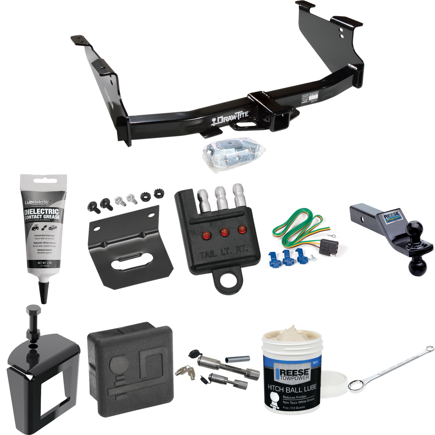 Fits 2006-2008 Dodge Ram 1500 Trailer Hitch Tow PKG w/ 4-Flat Wiring + Dual Ball Ball Mount 1-7/8" & 2" Trailer Balls + Wiring Bracket + Hitch Cover + Dual Hitch & Coupler Locks + Wiring Tester + Ball Lube + Electric Grease + Ball Wrench + Anti Rattl