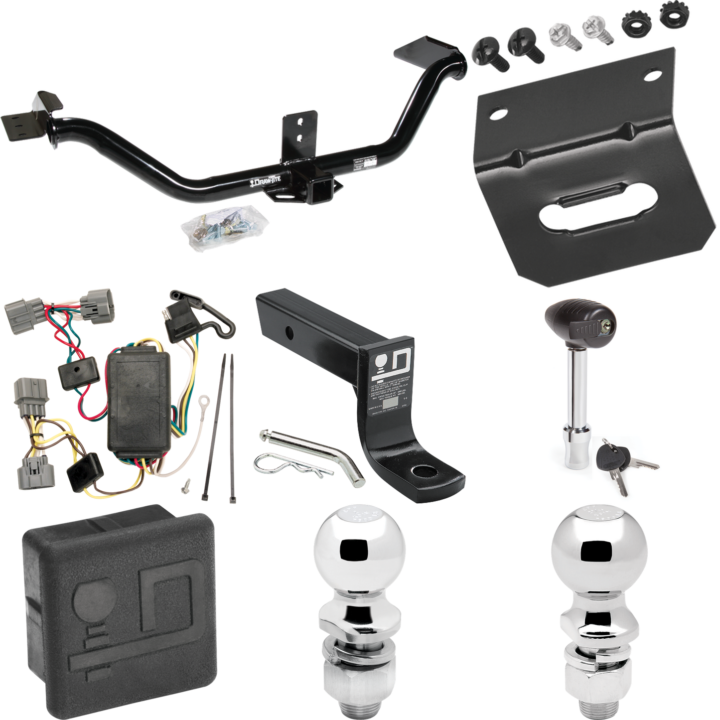 Se adapta al paquete de enganche de remolque Honda Ridgeline 2006-2014 con cableado plano de 4 + soporte de bola con caída de 4" + bola de 2" + bola de 2-5/16" + soporte de cableado + bloqueo de enganche + cubierta de enganche de Draw-Tite