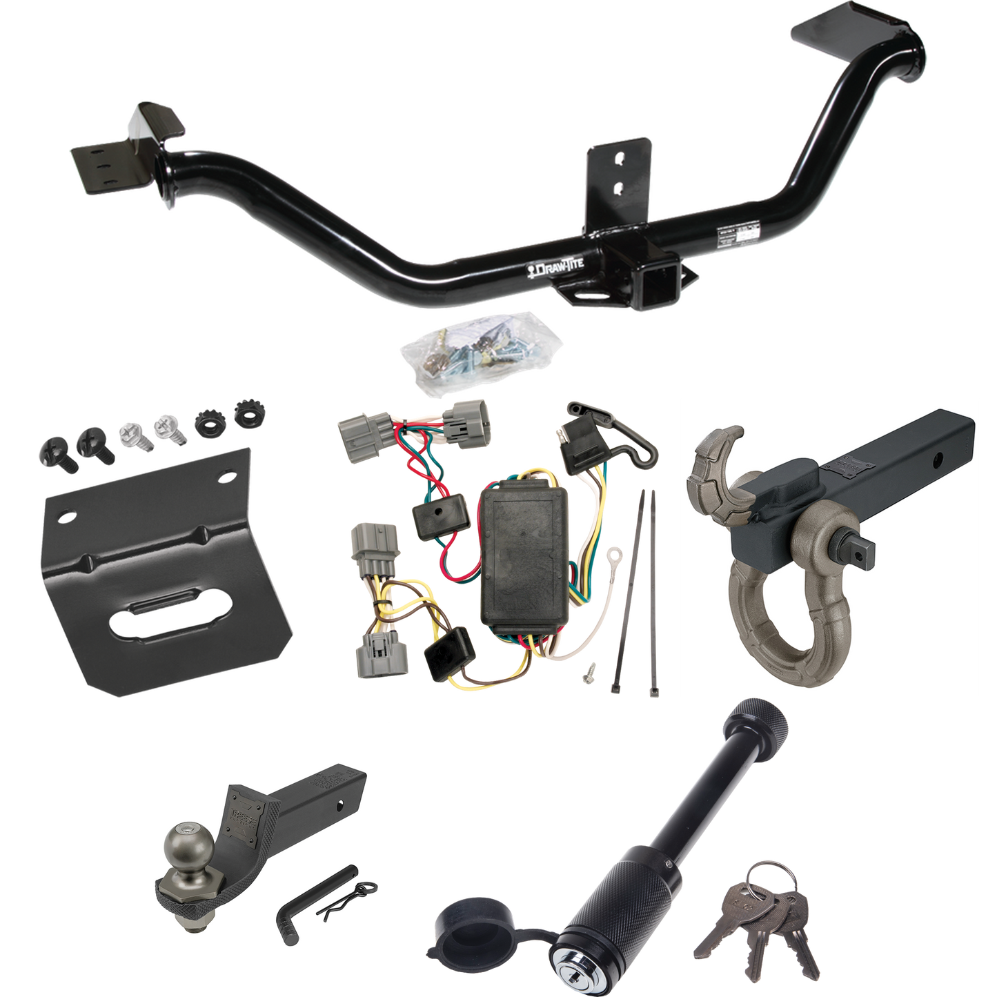 Fits 2006-2014 Honda Ridgeline Trailer Hitch Tow PKG w/ 4-Flat Wiring + Interlock Tactical Starter Kit w/ 2" Drop & 2" Ball + Tactical Hook & Shackle Mount + Tactical Dogbone Lock + Wiring Bracket By Draw-Tite