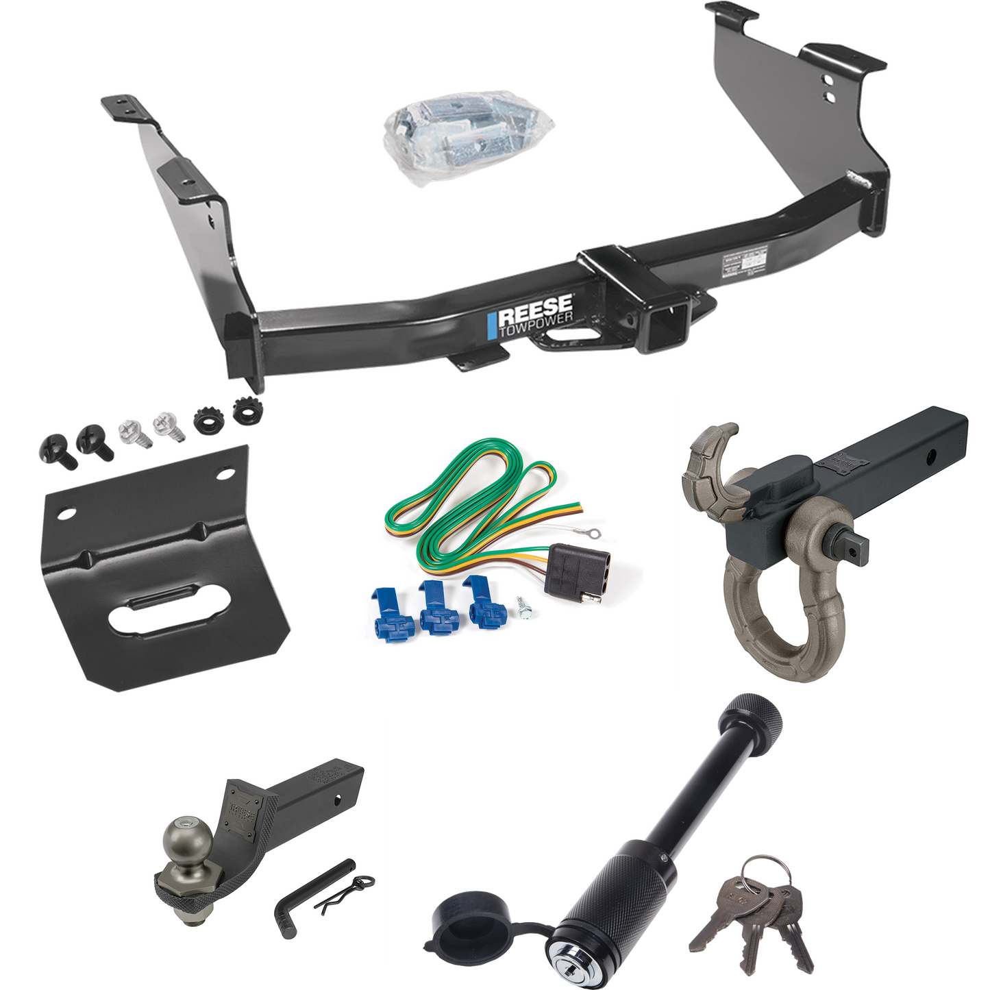 Fits 2006-2008 Dodge Ram 1500 Trailer Hitch Tow PKG w/ 4-Flat Wiring + Interlock Tactical Starter Kit w/ 2" Drop & 2" Ball + Tactical Hook & Shackle Mount + Tactical Dogbone Lock + Wiring Bracket By Reese Towpower