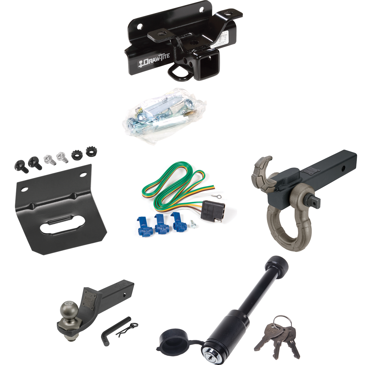 Fits 2003-2003 Dodge Ram 1500 Trailer Hitch Tow PKG w/ 4-Flat Wiring + Interlock Tactical Starter Kit w/ 2" Drop & 2" Ball + Tactical Hook & Shackle Mount + Tactical Dogbone Lock + Wiring Bracket (For (Built After 11/2002) Models) By Draw-Tite