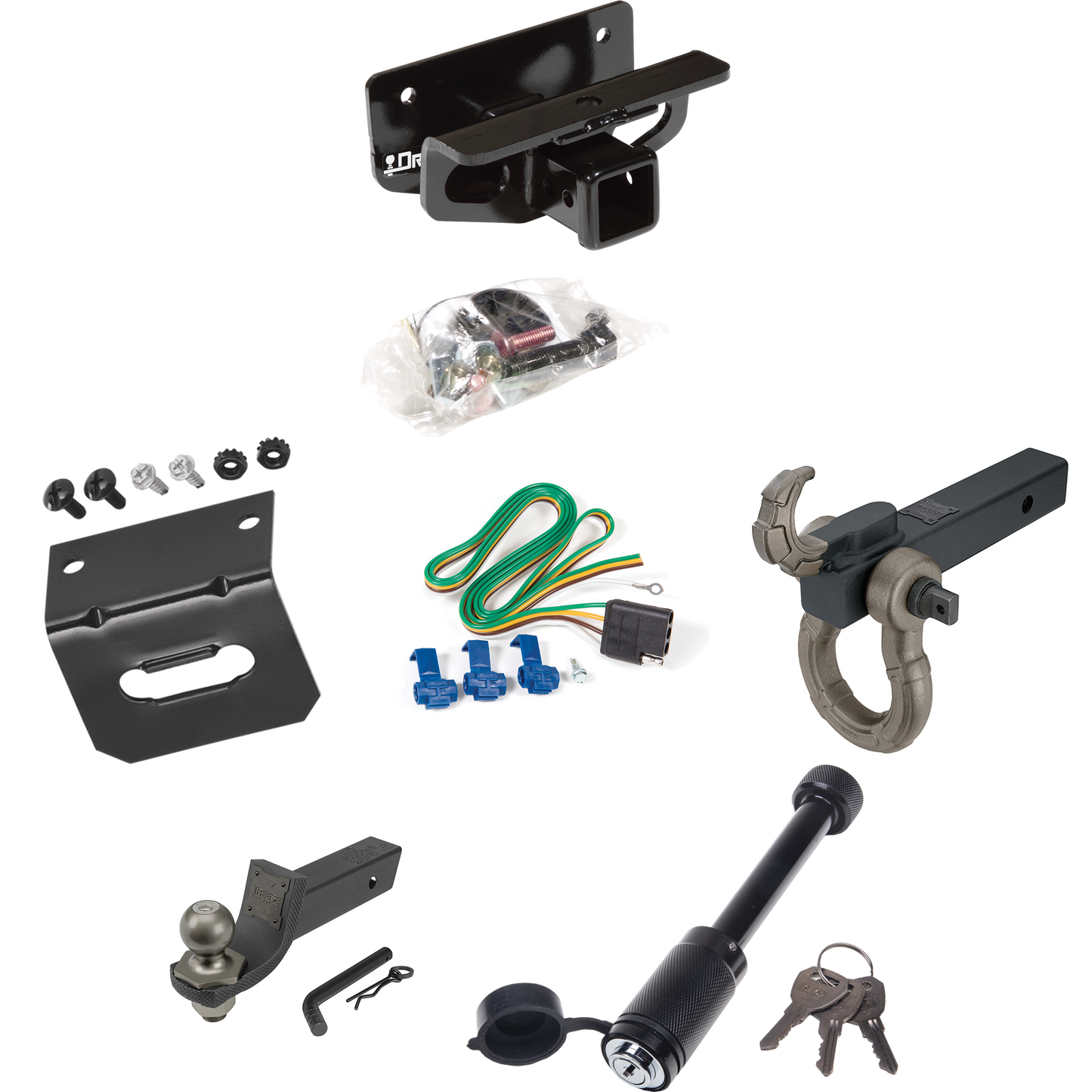 Fits 2004-2005 Dodge Ram 1500 Trailer Hitch Tow PKG w/ 4-Flat Wiring + Interlock Tactical Starter Kit w/ 2" Drop & 2" Ball + Tactical Hook & Shackle Mount + Tactical Dogbone Lock + Wiring Bracket (Excludes: Daytona/Hemi Sport Quad Cab/Ram Rumble Bee/