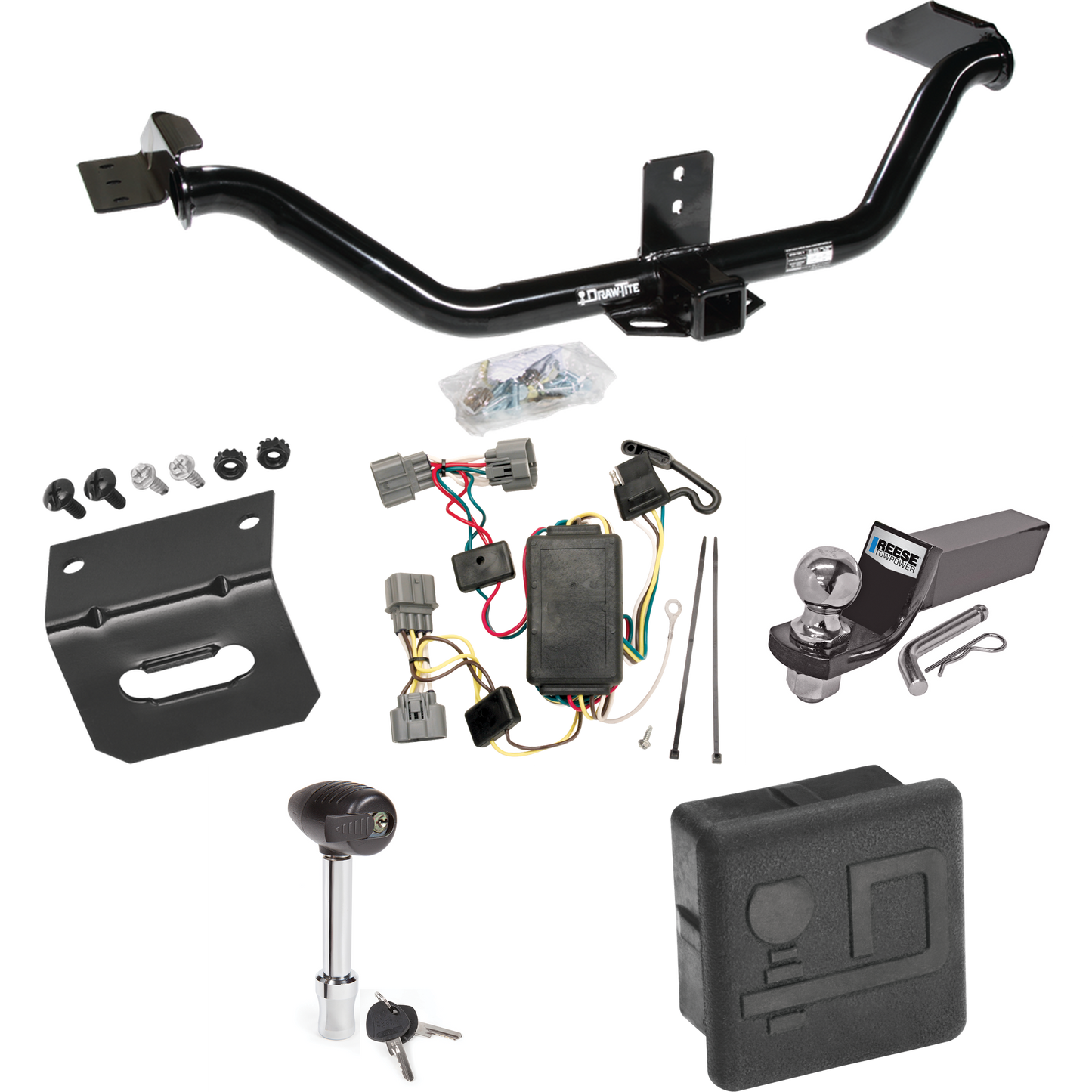 Fits 2006-2014 Honda Ridgeline Trailer Hitch Tow PKG w/ 4-Flat Wiring + Starter Kit Ball Mount w/ 2" Drop & 2" Ball + Wiring Bracket + Hitch Lock + Hitch Cover By Draw-Tite