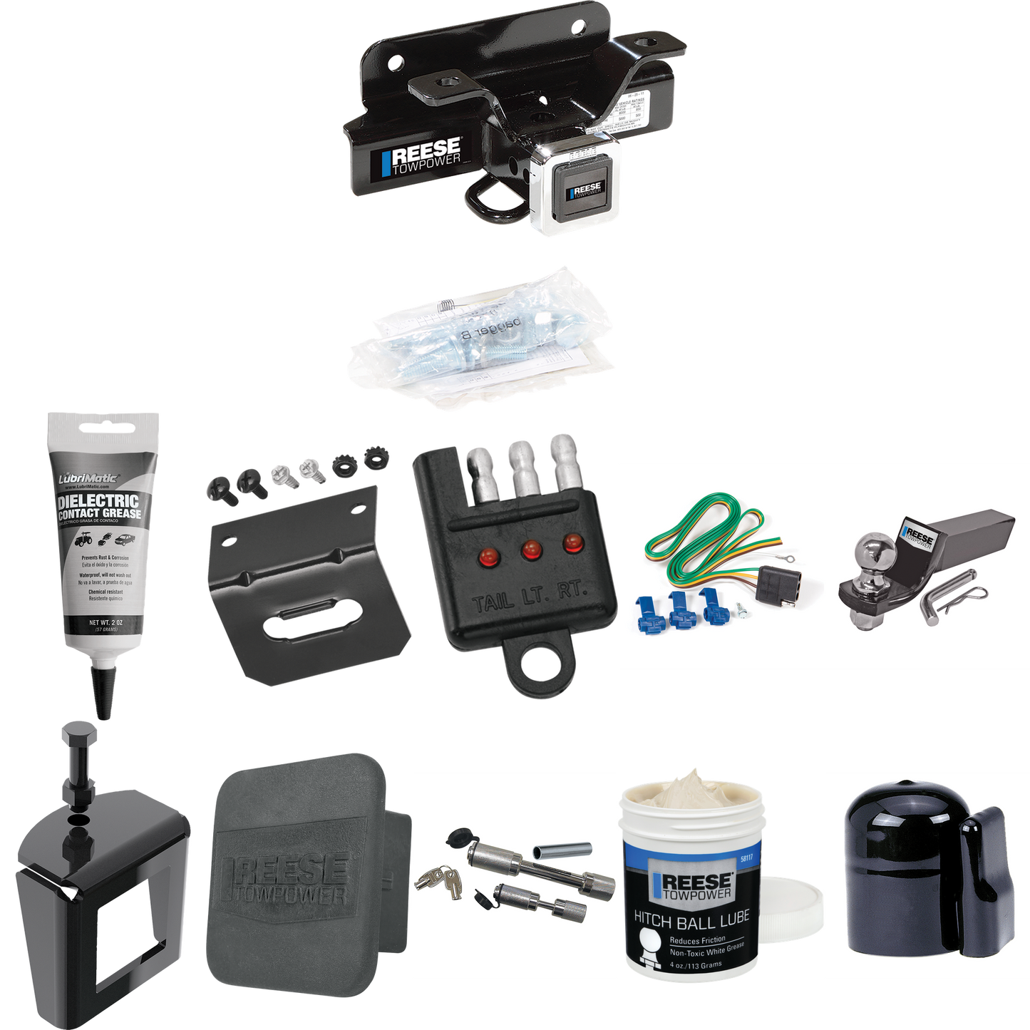 Fits 2003-2009 Dodge Ram 2500 Trailer Hitch Tow PKG w/ 4-Flat Wiring + Starter Kit Ball Mount w/ 2" Drop & 2" Ball + 1-7/8" Ball + Wiring Bracket + Dual Hitch & Coupler Locks + Hitch Cover + Wiring Tester + Ball Lube + Electric Grease + Ball Wrench +