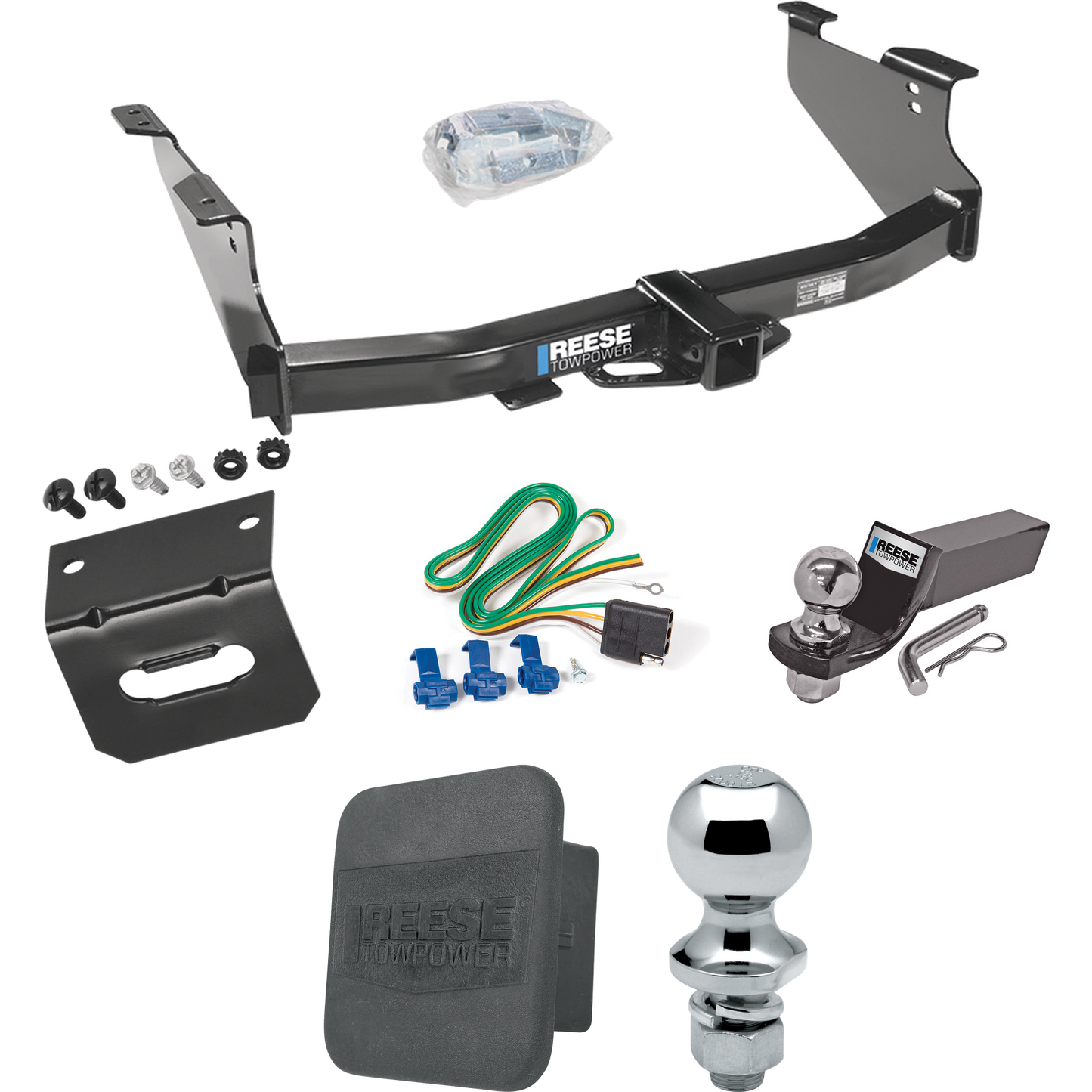 Fits 2006-2008 Dodge Ram 1500 Trailer Hitch Tow PKG w/ 4-Flat Wiring + Starter Kit Ball Mount w/ 2" Drop & 2" Ball + 1-7/8" Ball + Wiring Bracket + Hitch Cover By Reese Towpower