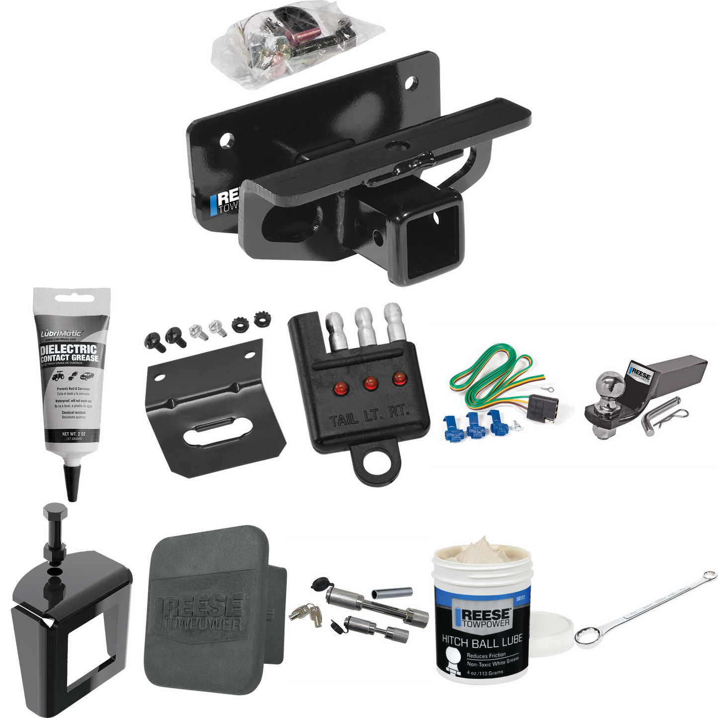 Fits 2004-2005 Dodge Ram 1500 Trailer Hitch Tow PKG w/ 4-Flat Wiring + Starter Kit Ball Mount w/ 2" Drop & 2" Ball + Wiring Bracket + Hitch Cover + Dual Hitch & Coupler Locks + Wiring Tester + Ball Lube + Electric Grease + Ball Wrench + Anti Rattle D