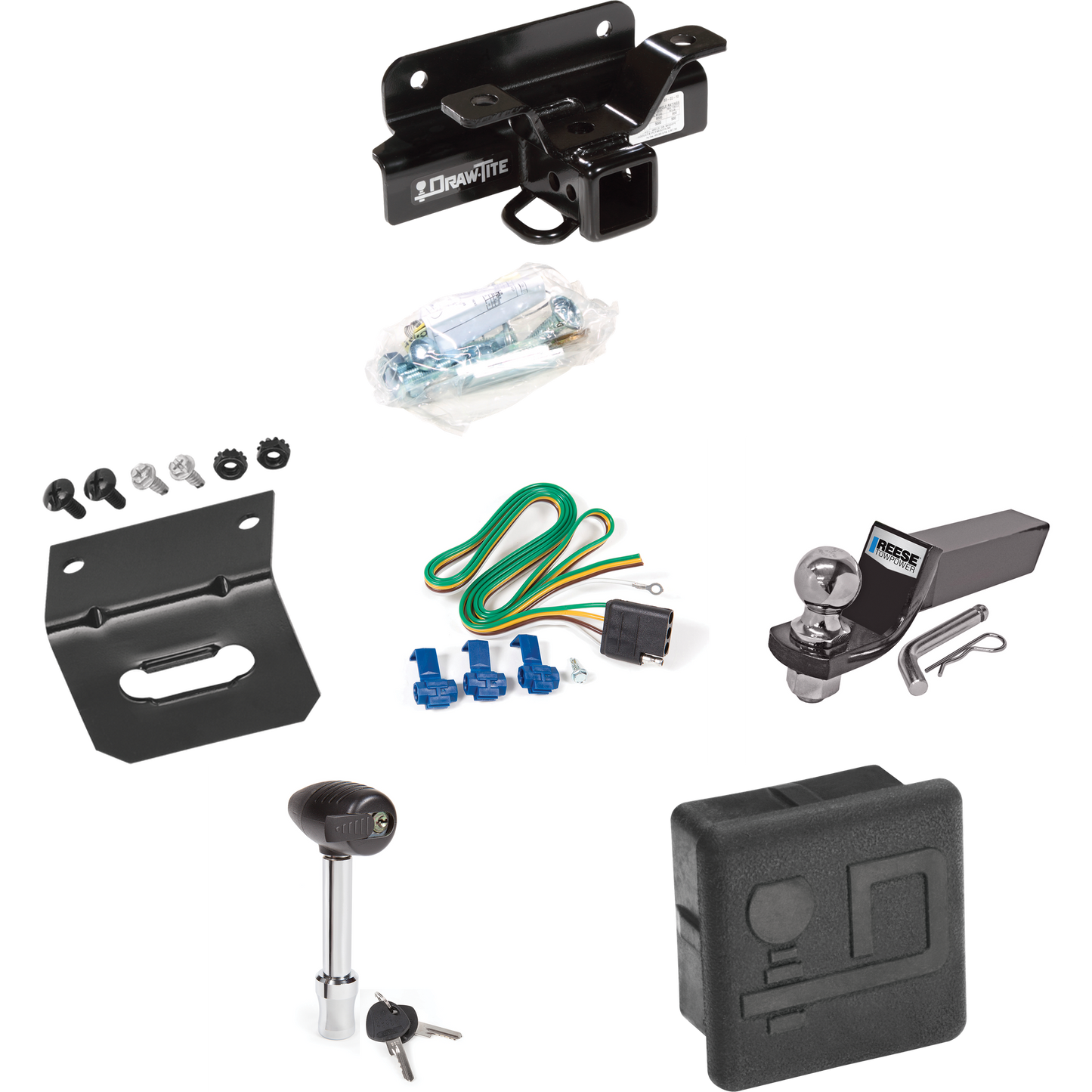 Fits 2004-2005 Dodge Ram 1500 Trailer Hitch Tow PKG w/ 4-Flat Wiring + Starter Kit Ball Mount w/ 2" Drop & 2" Ball + Wiring Bracket + Hitch Lock + Hitch Cover (Excludes: Daytona/Hemi Sport Quad Cab/Ram Rumble Bee/SRT-10 Models) By Draw-Tite