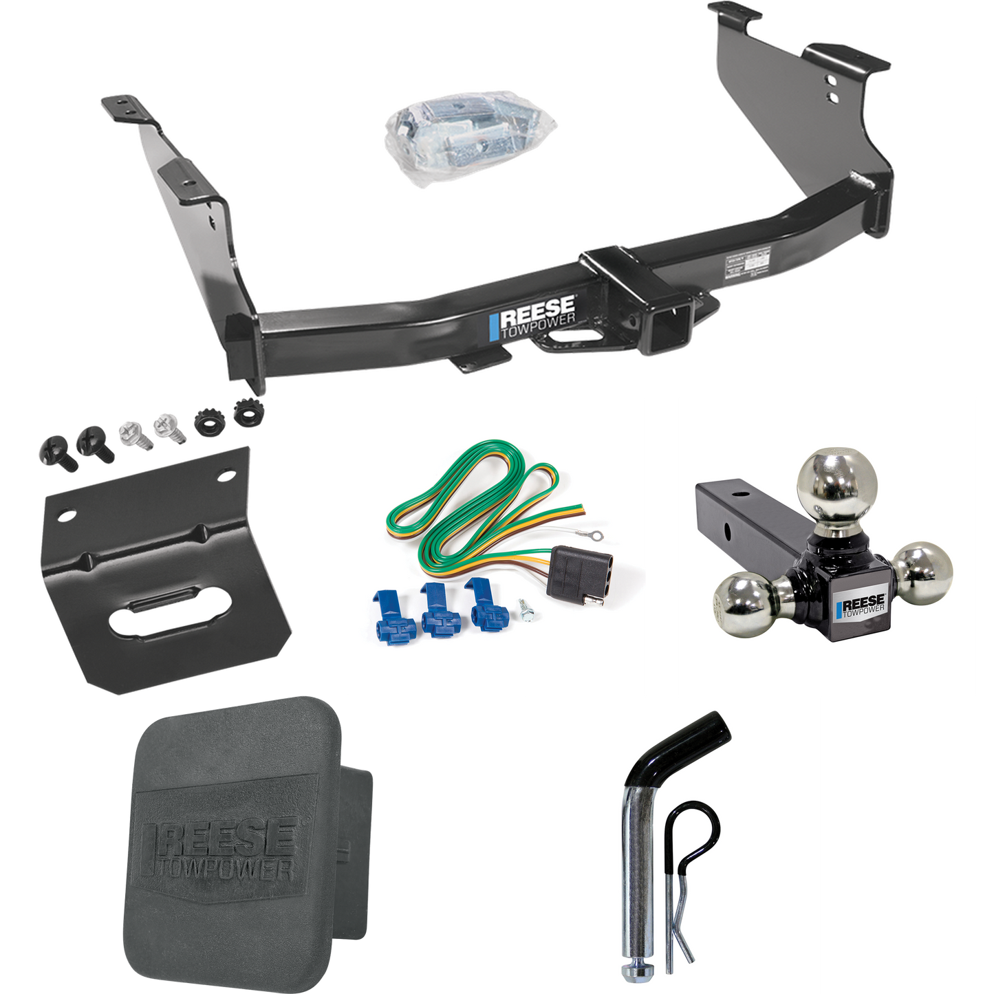 Fits 2006-2008 Dodge Ram 1500 Trailer Hitch Tow PKG w/ 4-Flat Wiring + Triple Ball Ball Mount 1-7/8" & 2" & 2-5/16" Trailer Balls + Pin/Clip + Wiring Bracket + Hitch Cover By Reese Towpower