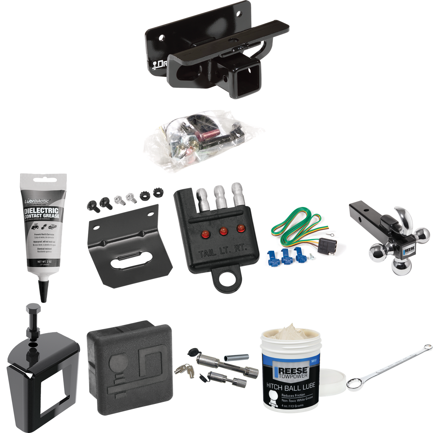 Fits 2011-2018 RAM 1500 Trailer Hitch Tow PKG w/ 4-Flat Wiring + Triple Ball Ball Mount 1-7/8" & 2" & 2-5/16" Trailer Balls w/ Tow Hook + Wiring Bracket + Hitch Cover + Dual Hitch & Coupler Locks + Wiring Tester + Ball Lube + Electric Grease + Ball W