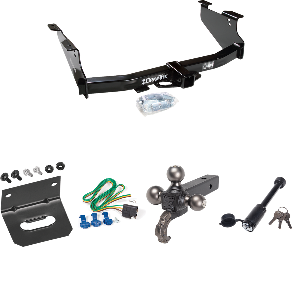 Fits 2006-2008 Dodge Ram 1500 Trailer Hitch Tow PKG w/ 4-Flat Wiring + Tactical Triple Ball Ball Mount 1-7/8" & 2" & 2-5/16" Balls & Tow Hook + Tactical Dogbone Lock + Wiring Bracket By Draw-Tite