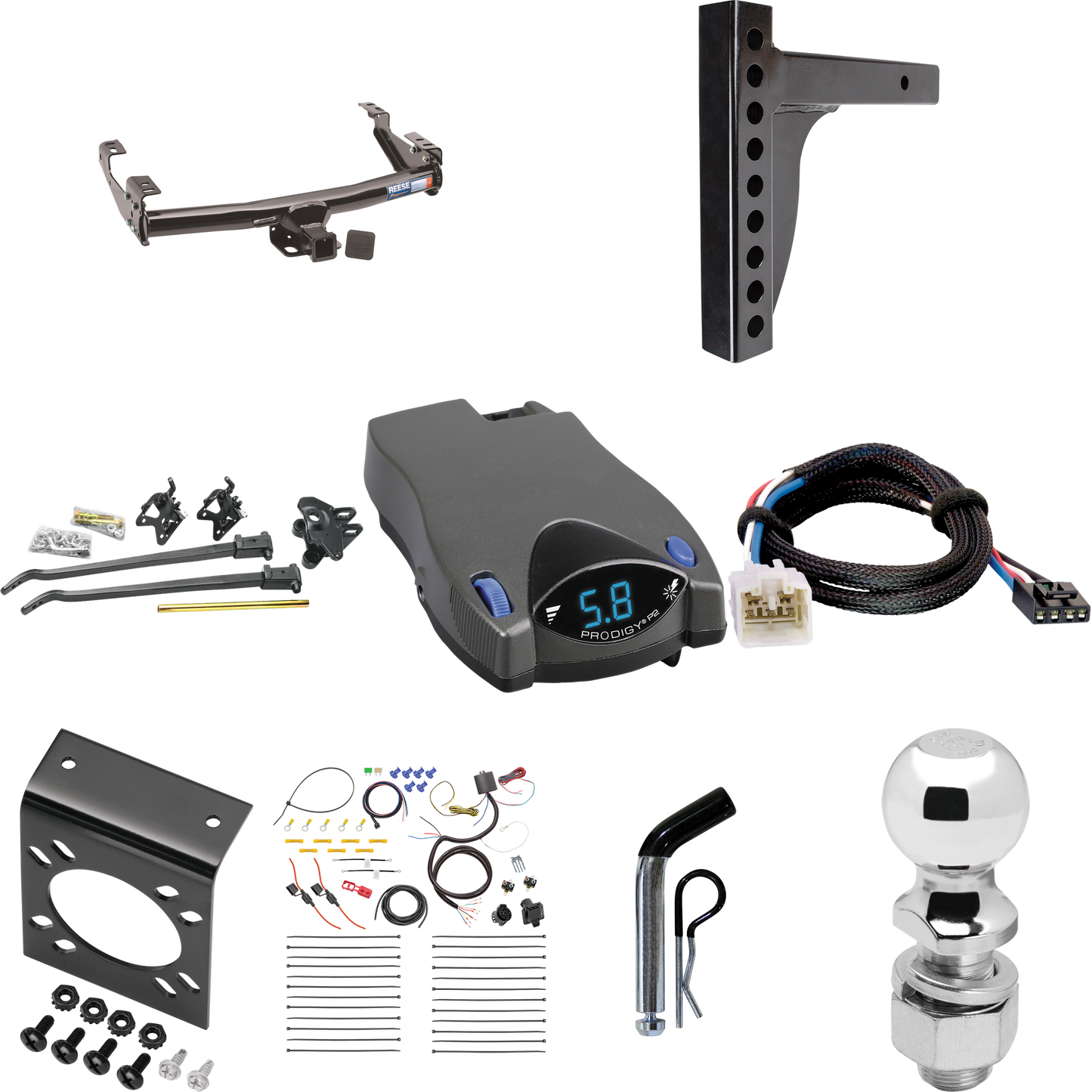 Fits 2003-2006 Toyota Tundra Trailer Hitch Tow PKG w/ 12K Trunnion Bar Weight Distribution Hitch + Pin/Clip + 2-5/16" Ball + Tekonsha Prodigy P2 Brake Control + Plug & Play BC Adapter + 7-Way RV Wiring By Reese Towpower