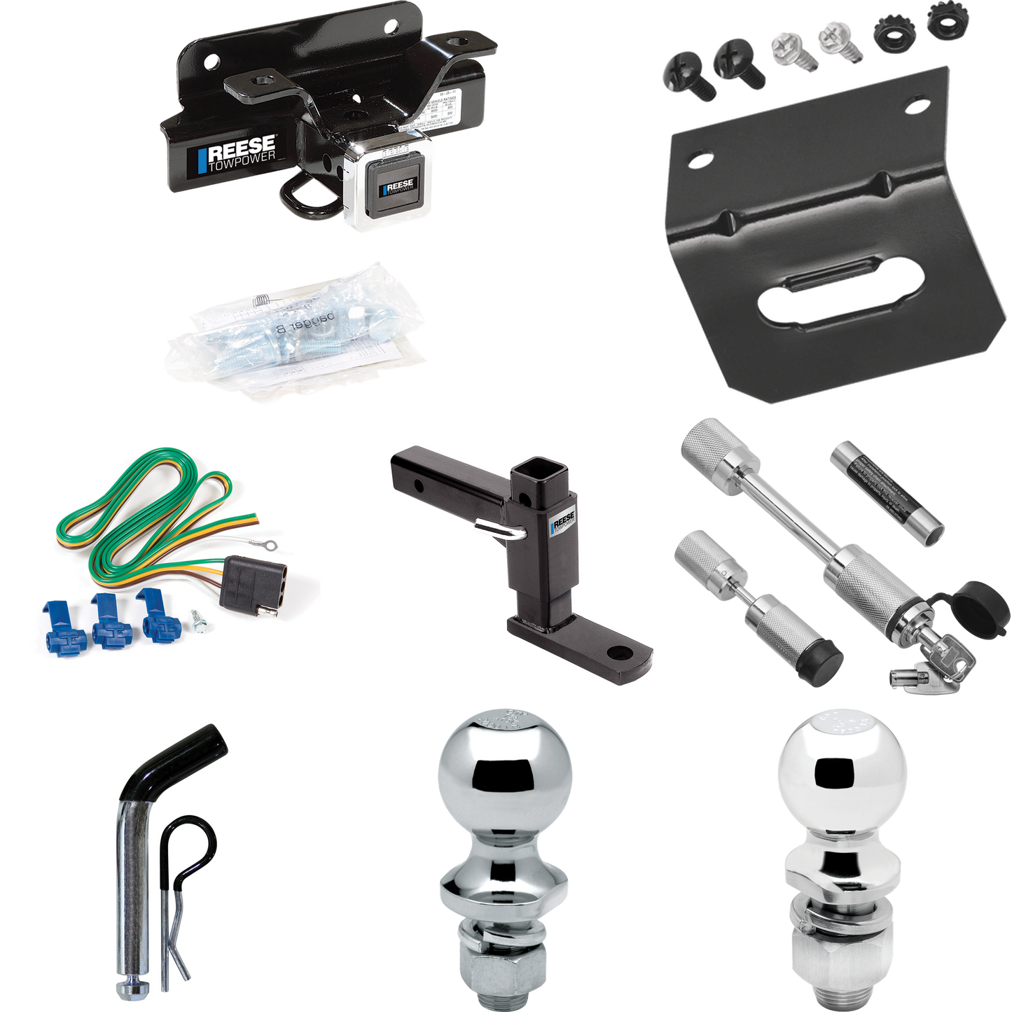 Fits 2004-2005 Dodge Ram 1500 Trailer Hitch Tow PKG w/ 4-Flat Wiring Harness + Adjustable Drop Rise Ball Mount + Pin/Clip + 2" Ball + 1-7/8" Ball + Dual Hitch & Coupler Locks (Excludes: Daytona/Hemi Sport Quad Cab/Ram Rumble Bee/SRT-10 Models) By Ree