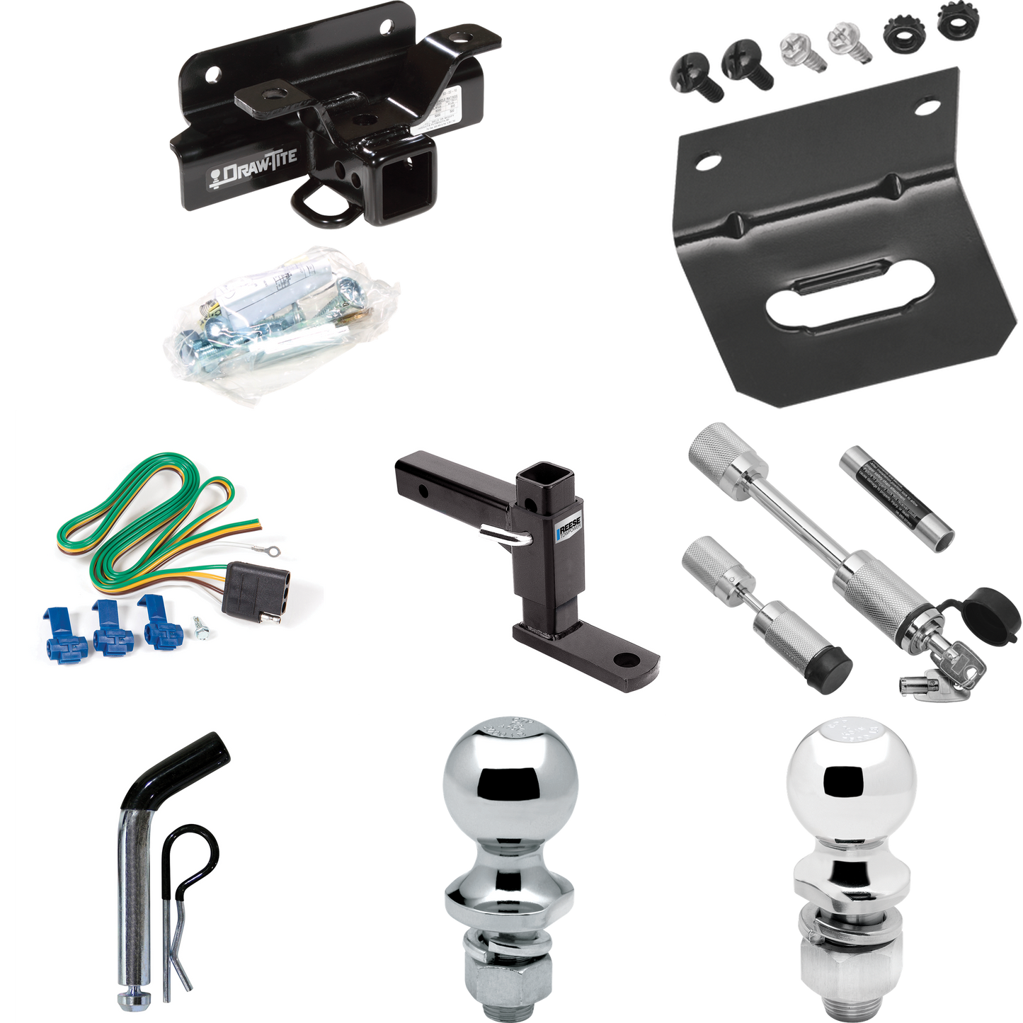 Fits 2003-2003 Dodge Ram 1500 Trailer Hitch Tow PKG w/ 4-Flat Wiring Harness + Adjustable Drop Rise Ball Mount + Pin/Clip + 2" Ball + 1-7/8" Ball + Dual Hitch & Coupler Locks (For (Built After 11/2002) Models) By Draw-Tite