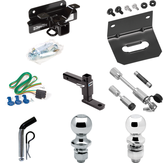 Fits 2003-2003 Dodge Ram 1500 Trailer Hitch Tow PKG w/ 4-Flat Wiring Harness + Adjustable Drop Rise Ball Mount + Pin/Clip + 2" Ball + 1-7/8" Ball + Dual Hitch & Coupler Locks (For (Built After 11/2002) Models) By Draw-Tite