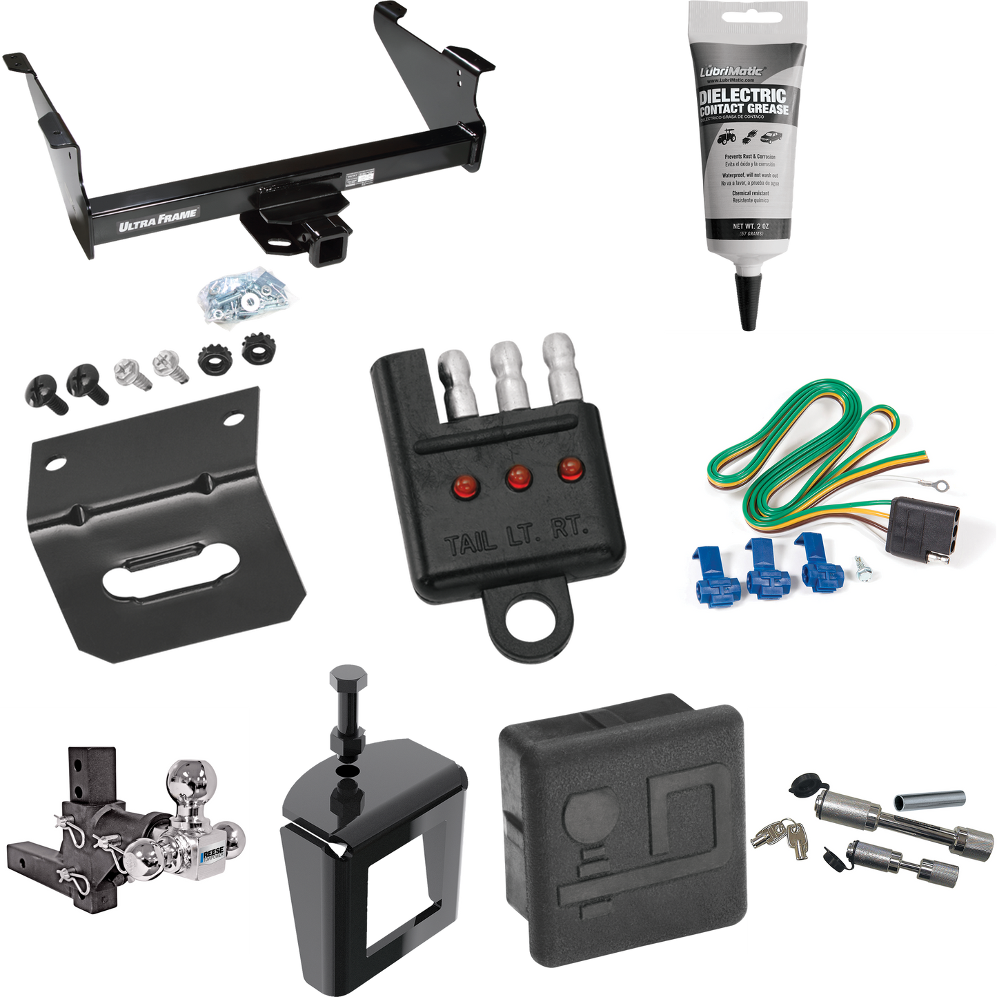 Fits 2011-2023 RAM 2500 Trailer Hitch Tow PKG w/ 4-Flat Wiring Harness + Adjustable Drop Rise Triple Ball Ball Mount 1-7/8" & 2" & 2-5/16" Trailer Balls + Dual Hitch & Coupler Locks + Hitch Cover + Wiring Bracket + Wiring Tester + Electric Grease + A