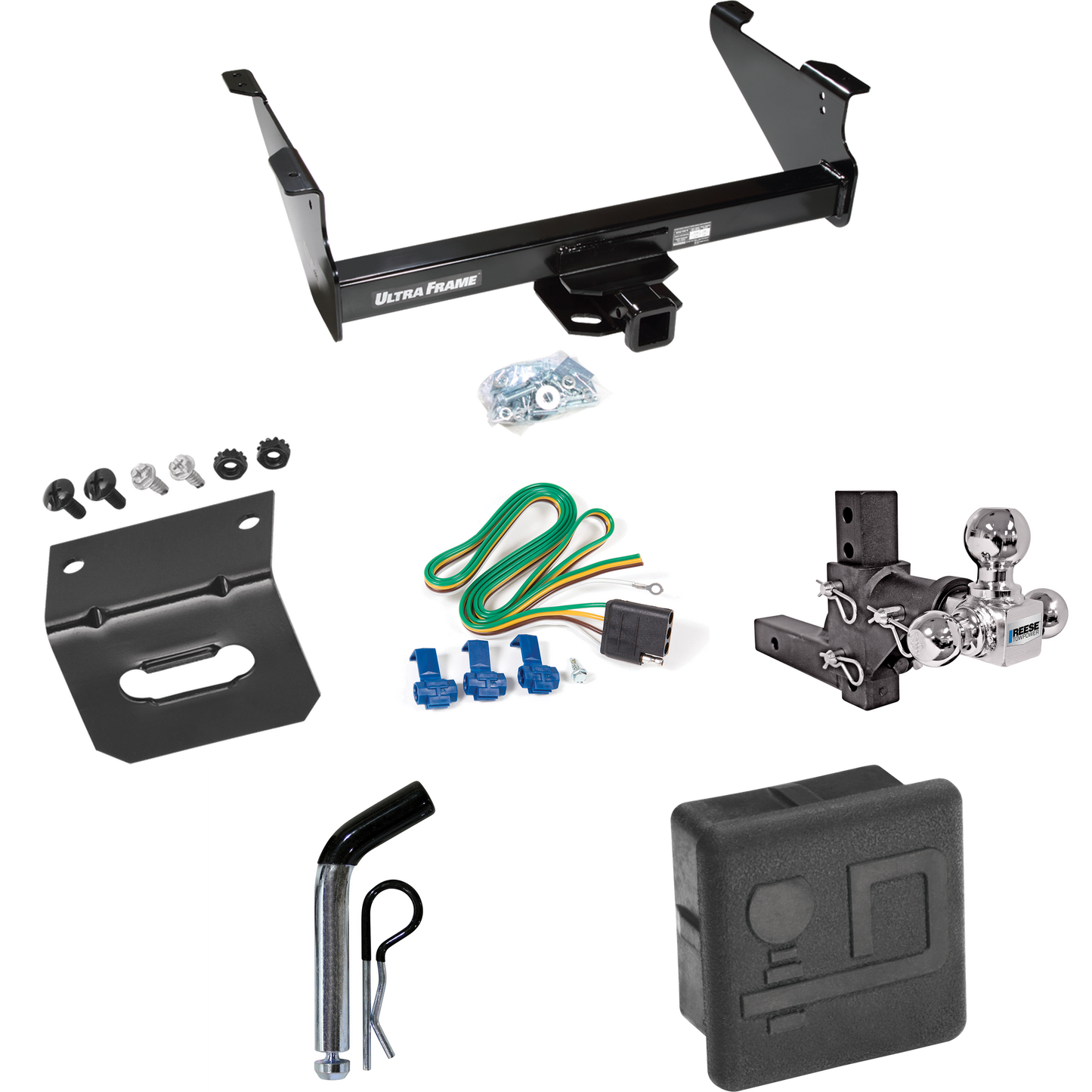 Fits 2006-2008 Dodge Ram 1500 Trailer Hitch Tow PKG w/ 4-Flat Wiring Harness + Adjustable Drop Rise Triple Ball Ball Mount 1-7/8" & 2" & 2-5/16" Trailer Balls + Pin/Clip + Hitch Cover + Wiring Bracket By Draw-Tite