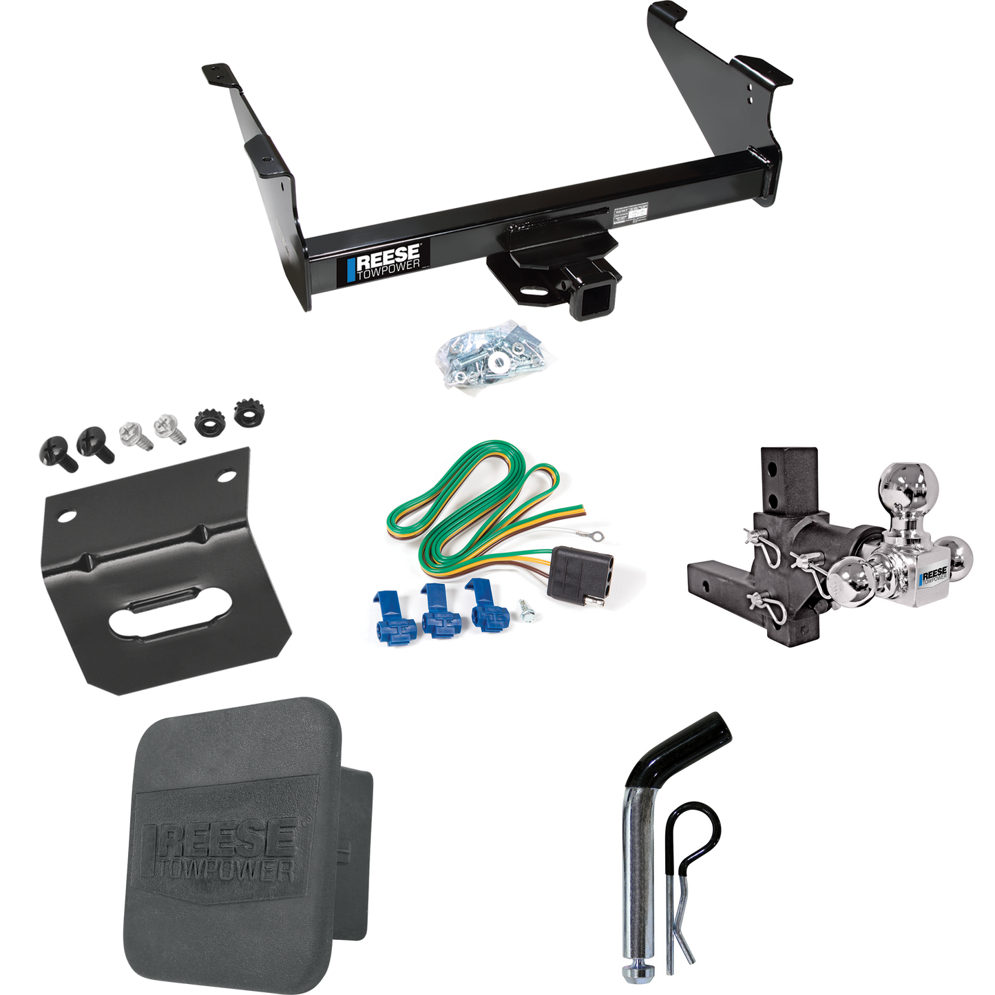 Fits 2011-2023 RAM 3500 Trailer Hitch Tow PKG w/ 4-Flat Wiring Harness + Adjustable Drop Rise Triple Ball Ball Mount 1-7/8" & 2" & 2-5/16" Trailer Balls + Pin/Clip + Hitch Cover + Wiring Bracket By Reese Towpower