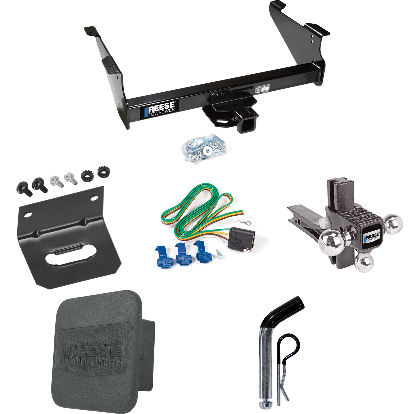 Fits 2011-2023 RAM 3500 Trailer Hitch Tow PKG w/ 4-Flat Wiring Harness + Adjustable Drop Rise Triple Ball Ball Mount 1-7/8" & 2" & 2-5/16" Trailer Balls + Pin/Clip + Hitch Cover + Wiring Bracket By Reese Towpower