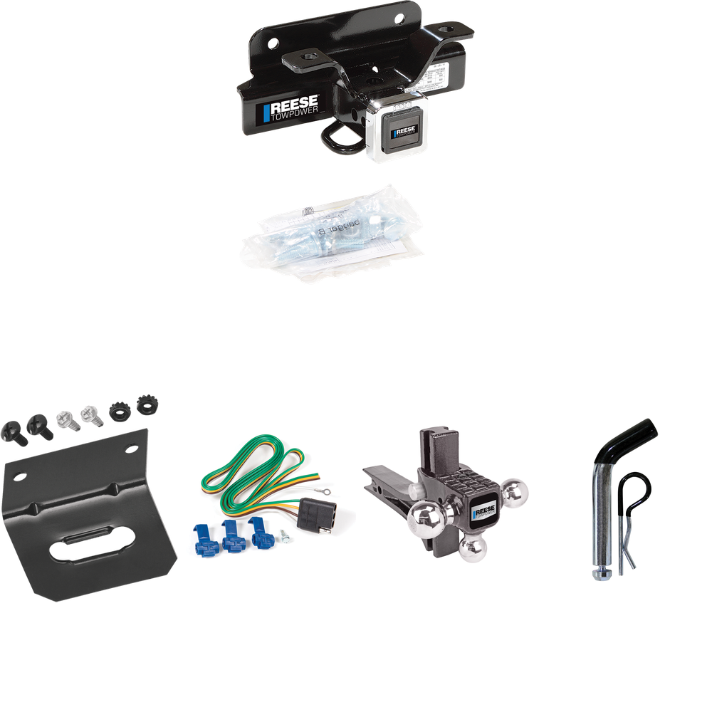 Fits 2006-2008 Dodge Ram 1500 Trailer Hitch Tow PKG w/ 4-Flat Wiring Harness + Adjustable Drop Rise Triple Ball Ball Mount 1-7/8" & 2" & 2-5/16" Trailer Balls + Pin/Clip + Wiring Bracket By Reese Towpower