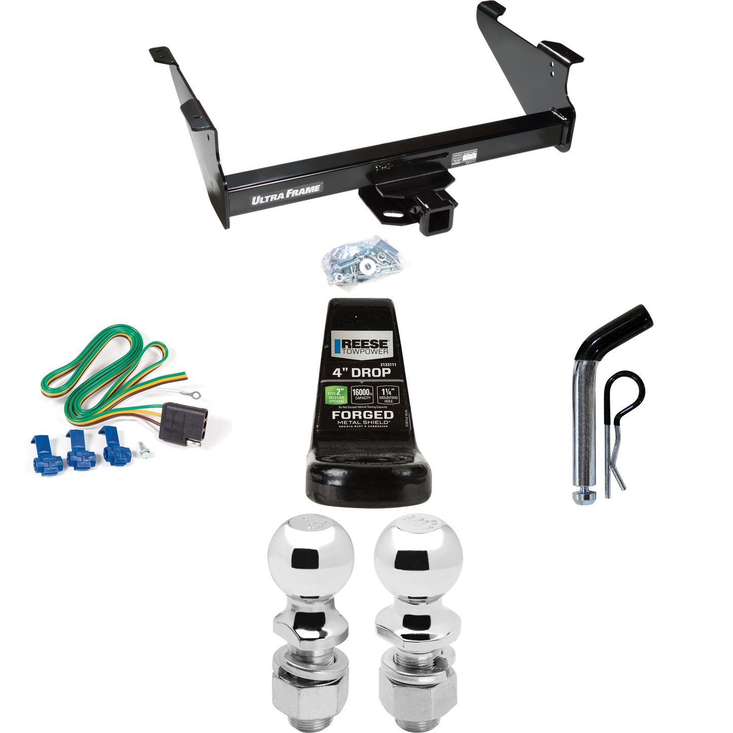 Fits 2003-2010 Dodge Ram 3500 Trailer Hitch Tow PKG w/ 4-Flat Wiring Harness + Ball Mount w/ 4" Drop + Pin/Clip + 2" Ball + 2-5/16" Ball By Draw-Tite