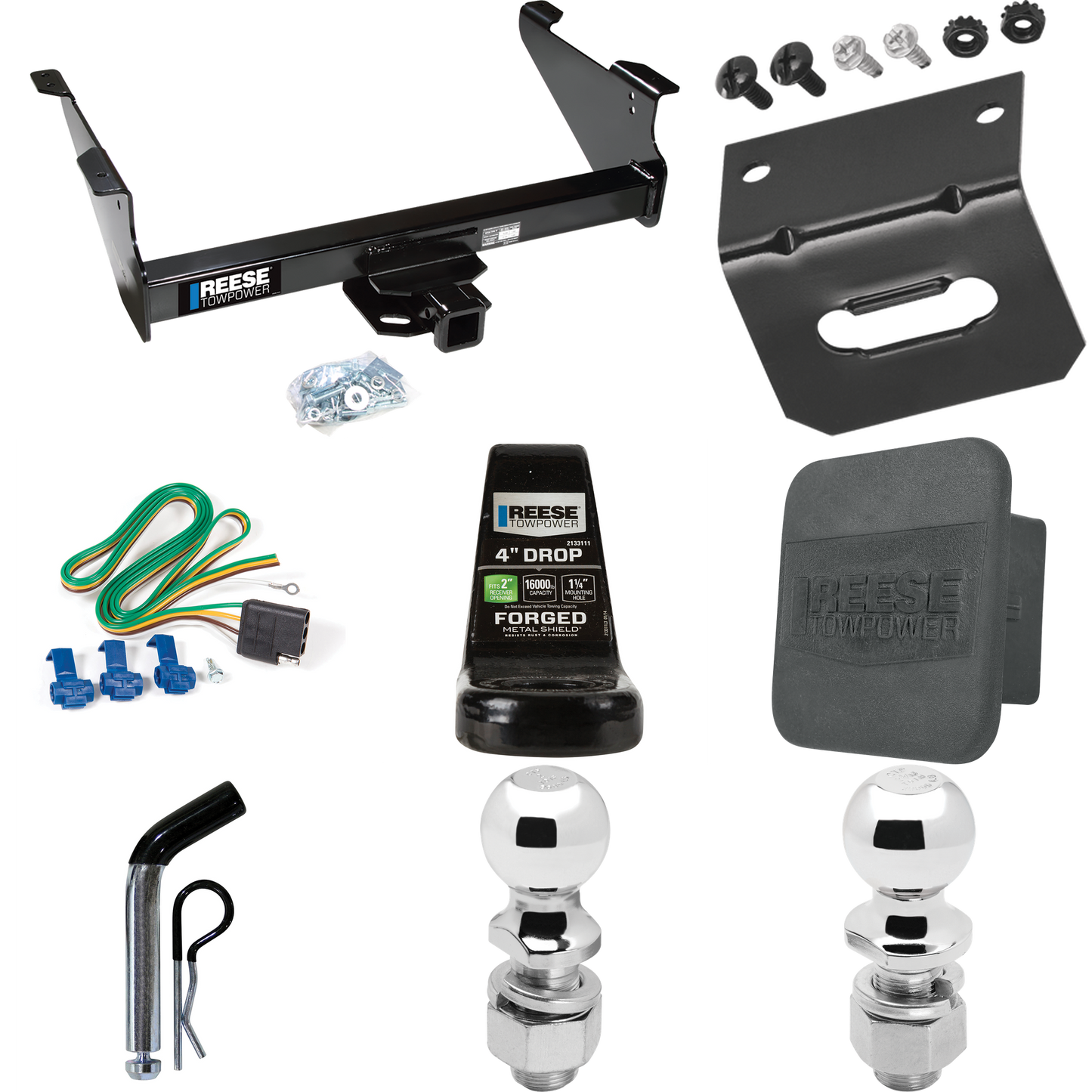 Fits 2011-2023 RAM 2500 Trailer Hitch Tow PKG w/ 4-Flat Wiring Harness + Ball Mount w/ 4" Drop + Pin/Clip + 2" Ball + 2-5/16" Ball + Hitch Cover + Wiring Bracket By Reese Towpower