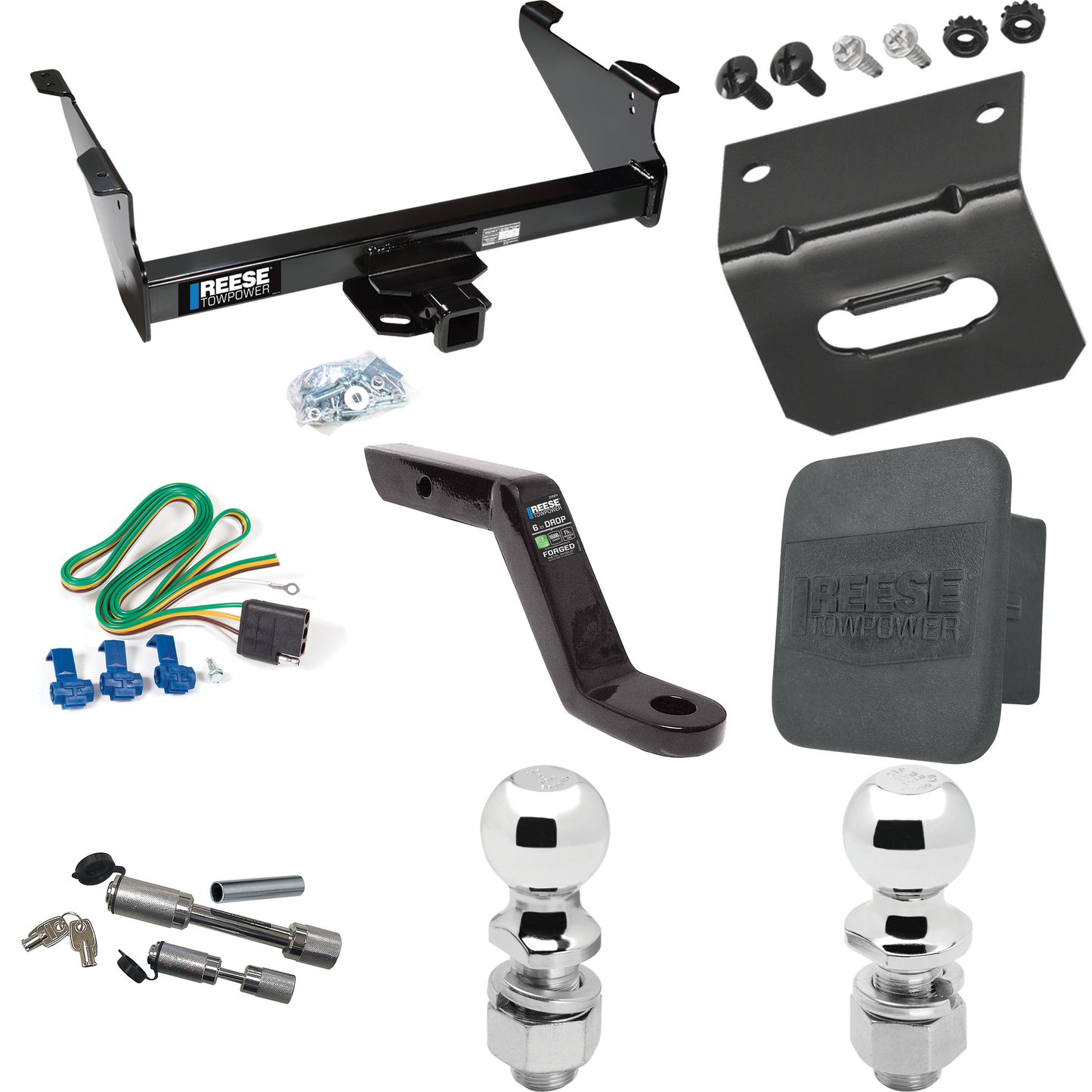 Fits 2011-2023 RAM 3500 Trailer Hitch Tow PKG w/ 4-Flat Wiring Harness + Ball Mount w/ 6" Drop + Dual Hitch & Coupler Locks + 2" Ball + 2-5/16" Ball + Hitch Cover + Wiring Bracket By Reese Towpower