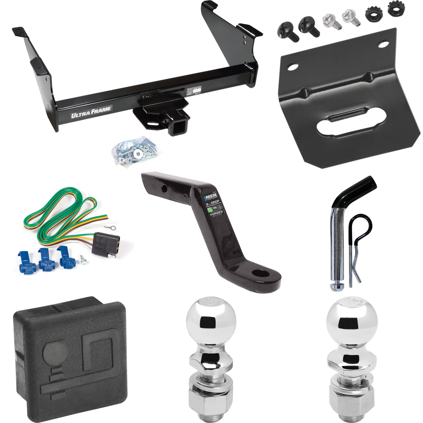 Fits 2003-2010 Dodge Ram 3500 Trailer Hitch Tow PKG w/ 4-Flat Wiring Harness + Ball Mount w/ 6" Drop + Pin/Clip + 2" Ball + 2-5/16" Ball + Hitch Cover + Wiring Bracket By Draw-Tite