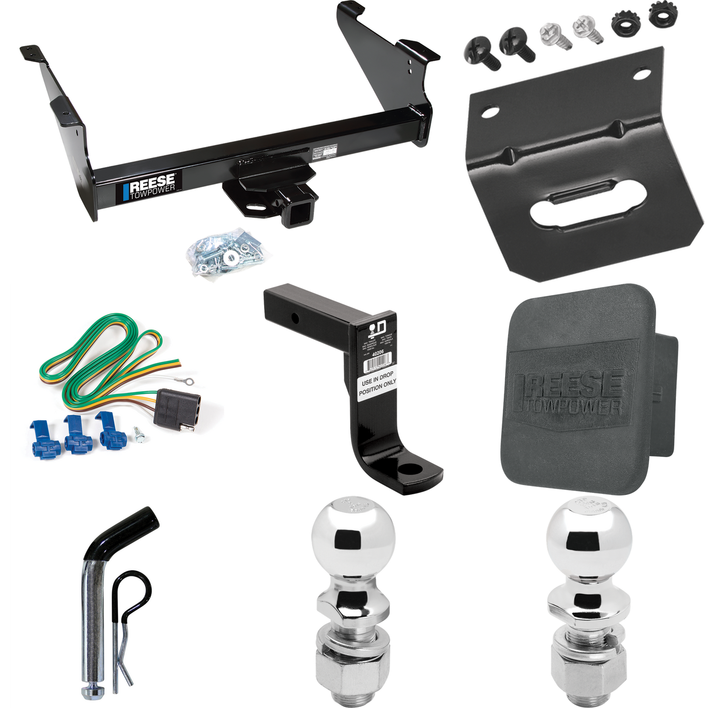 Fits 2011-2023 RAM 2500 Trailer Hitch Tow PKG w/ 4-Flat Wiring Harness + Ball Mount w/ 8" Drop + Pin/Clip + 2" Ball + 2-5/16" Ball + Hitch Cover + Wiring Bracket By Reese Towpower