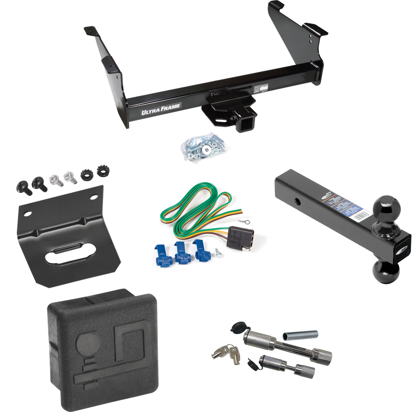 Fits 2003-2010 Dodge Ram 3500 Trailer Hitch Tow PKG w/ 4-Flat Wiring Harness + Dual Ball Ball Mount 2" & 2-5/16" Trailer Balls + Dual Hitch & Coupler Locks + Hitch Cover + Wiring Bracket By Draw-Tite