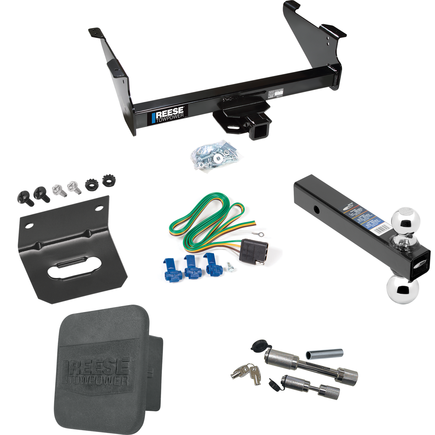 Fits 2011-2023 RAM 2500 Trailer Hitch Tow PKG w/ 4-Flat Wiring Harness + Dual Ball Ball Mount 2" & 2-5/16" Trailer Balls + Dual Hitch & Coupler Locks + Hitch Cover + Wiring Bracket By Reese Towpower