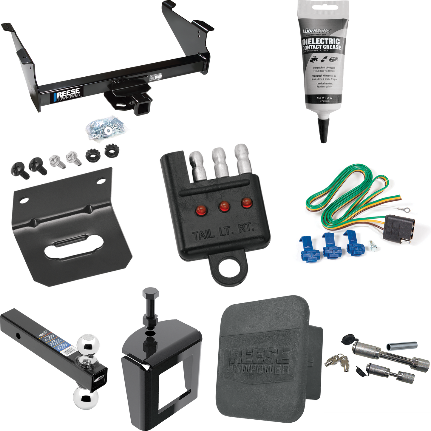 Fits 2011-2023 RAM 3500 Trailer Hitch Tow PKG w/ 4-Flat Wiring Harness + Dual Ball Ball Mount 2" & 2-5/16" Trailer Balls + Dual Hitch & Coupler Locks + Hitch Cover + Wiring Bracket + Wiring Tester + Electric Grease + Anti Rattle Device By Reese Towpo