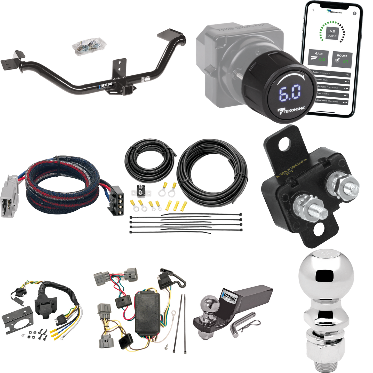 Se adapta al paquete de enganche de remolque Honda Ridgeline 2006-2008 con control de freno inalámbrico Bluetooth Tekonsha Prodigy iD + adaptador BC Plug &amp; Play + cableado RV de 7 vías + soporte de bola y caída de 2" y 2-5/16" de Reese Towpower