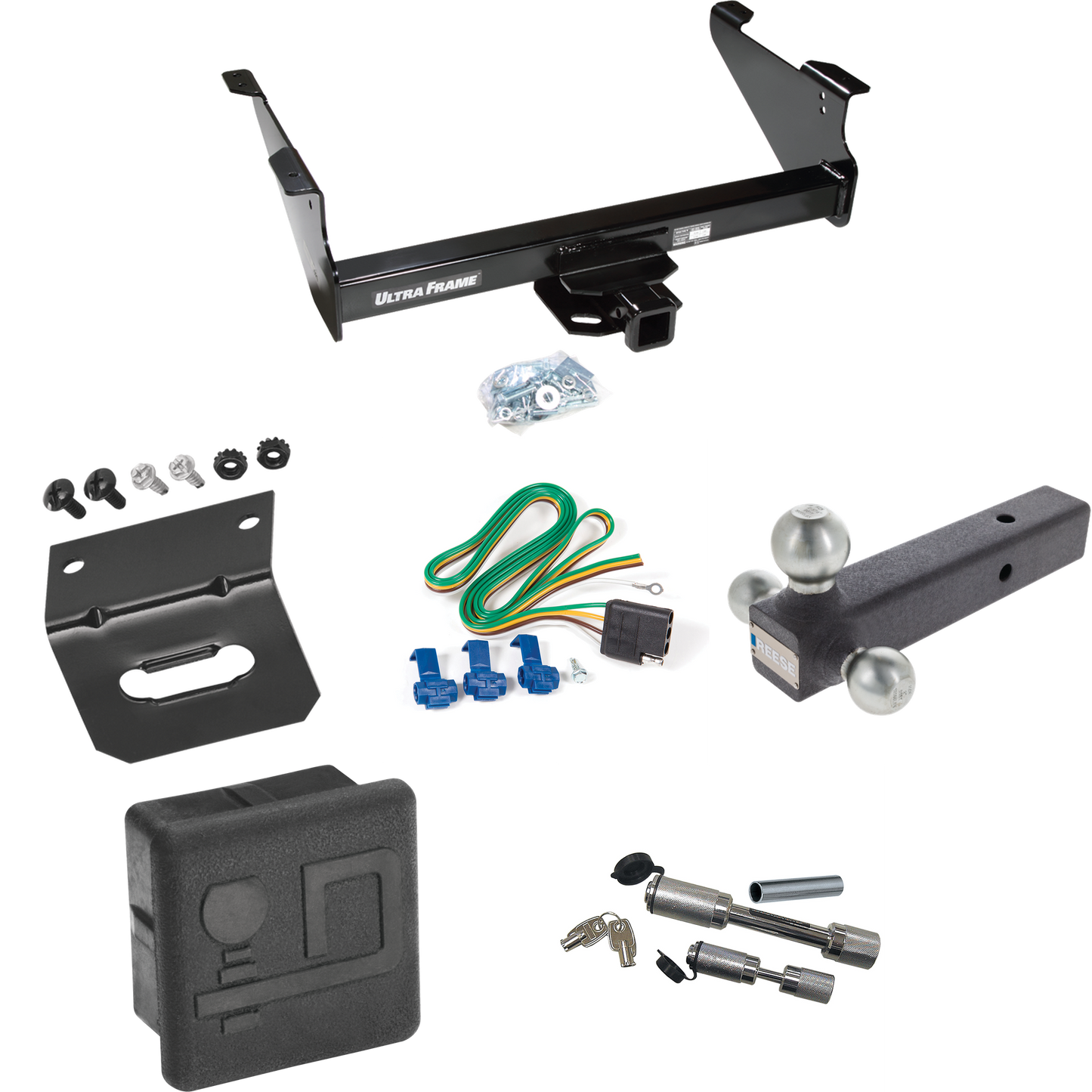 Fits 2011-2023 RAM 3500 Trailer Hitch Tow PKG w/ 4-Flat Wiring Harness + Triple Ball Ball Mount 1-7/8" & 2" & 2-5/16" Trailer Balls + Dual Hitch & Coupler Locks + Hitch Cover + Wiring Bracket By Draw-Tite