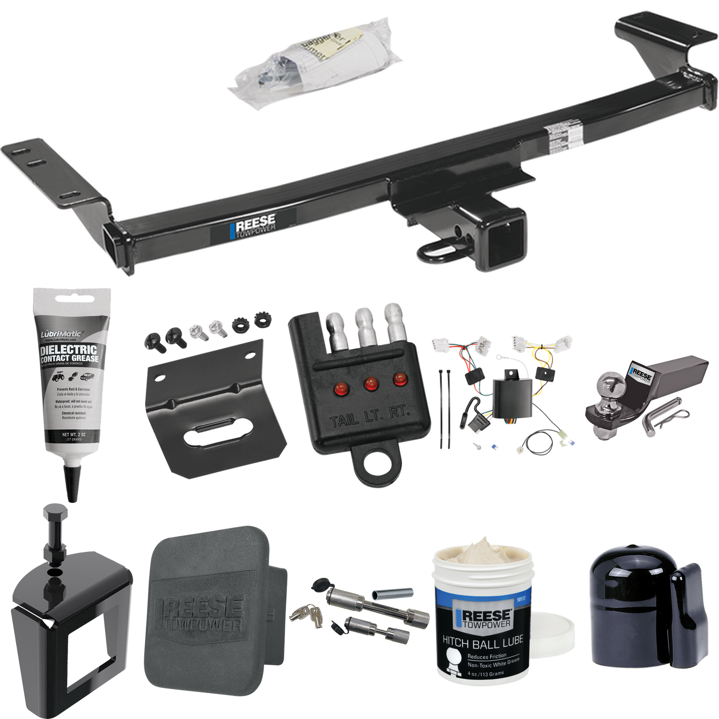 Fits 2009-2014 Nissan Murano Trailer Hitch Tow PKG w/ 4-Flat Wiring + Starter Kit Ball Mount w/ 2" Drop & 2" Ball + 1-7/8" Ball + Wiring Bracket + Dual Hitch & Coupler Locks + Hitch Cover + Wiring Tester + Ball Lube + Electric Grease + Ball Wrench +