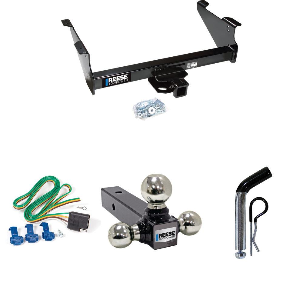 Fits 2004-2005 Dodge Ram 1500 Trailer Hitch Tow PKG w/ 4-Flat Wiring Harness + Triple Ball Ball Mount 1-7/8" & 2" & 2-5/16" Trailer Balls + Pin/Clip (Excludes: Daytona/Hemi Sport Quad Cab/Ram Rumble Bee/SRT-10 Models) By Reese Towpower