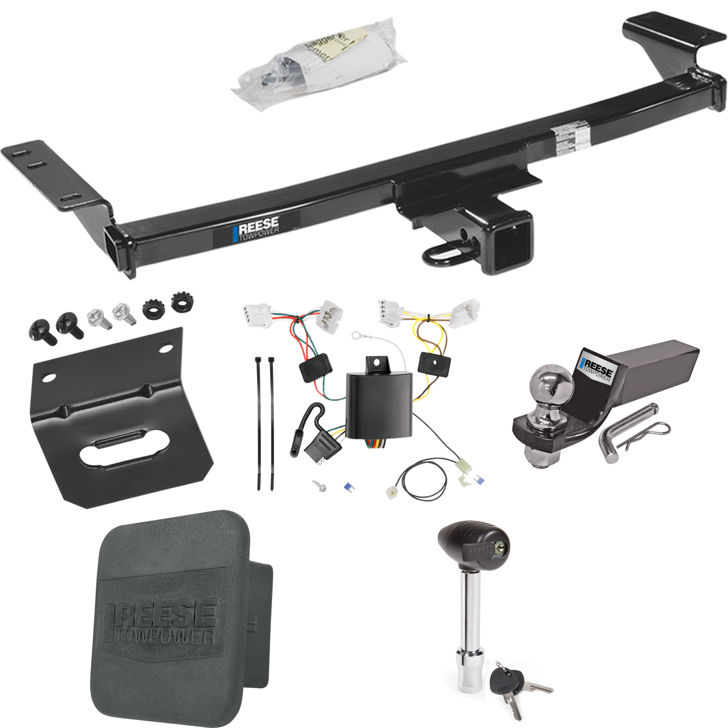 Fits 2009-2014 Nissan Murano Trailer Hitch Tow PKG w/ 4-Flat Wiring + Starter Kit Ball Mount w/ 2" Drop & 2" Ball + 1-7/8" Ball + Wiring Bracket + Hitch Lock + Hitch Cover (Excludes: w/Aero Kit & CrossCabriolet Models) By Reese Towpower