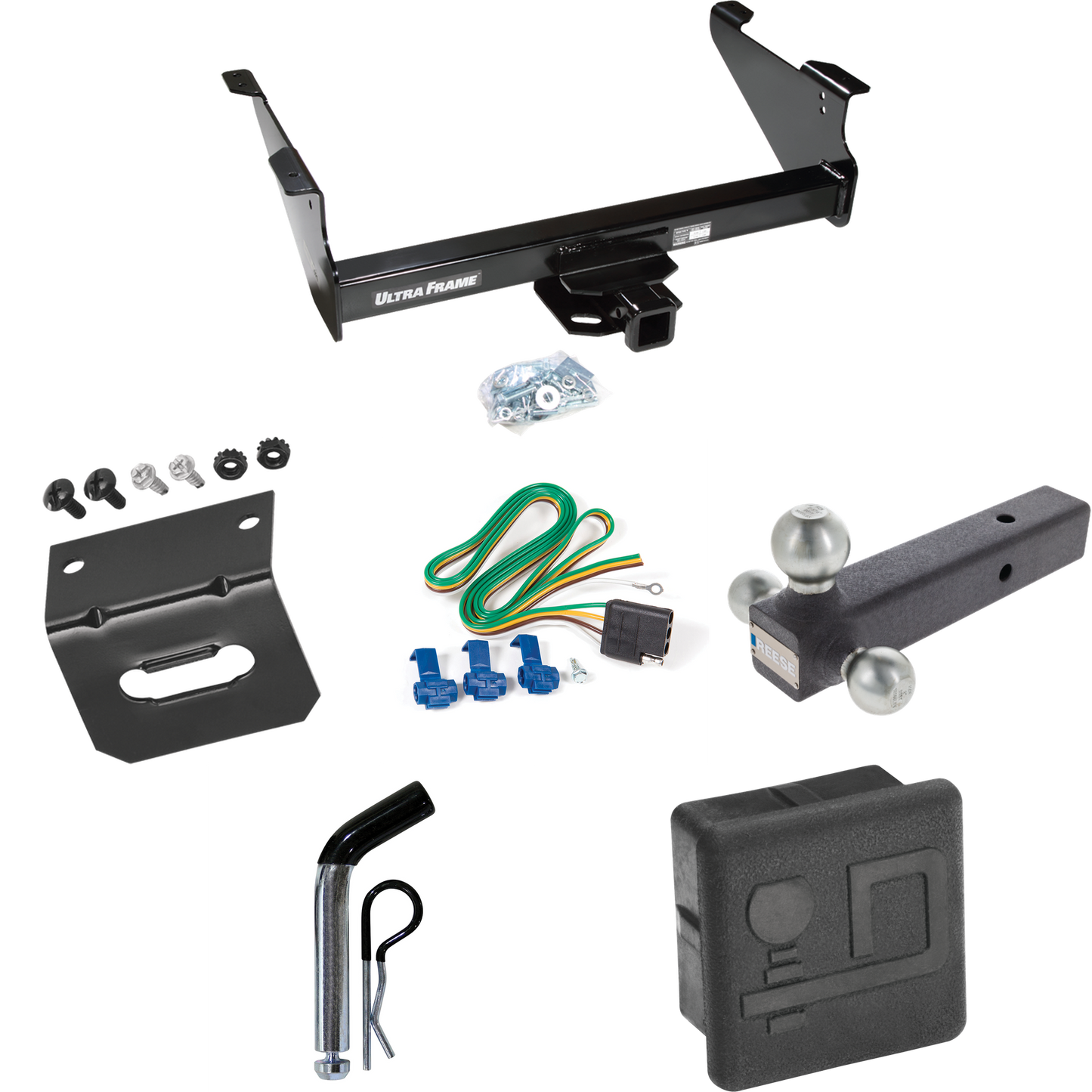 Fits 2006-2008 Dodge Ram 1500 Trailer Hitch Tow PKG w/ 4-Flat Wiring Harness + Triple Ball Ball Mount 1-7/8" & 2" & 2-5/16" Trailer Balls + Pin/Clip + Hitch Cover + Wiring Bracket By Draw-Tite