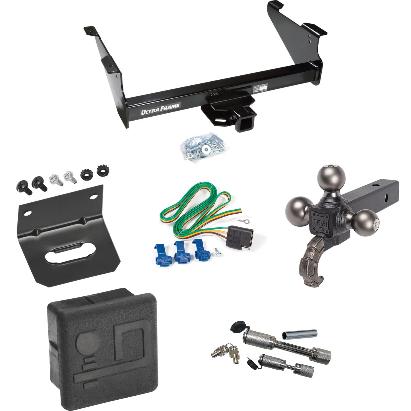 Fits 2006-2008 Dodge Ram 1500 Trailer Hitch Tow PKG w/ 4-Flat Wiring Harness + Triple Ball Ball Mount 1-7/8" & 2" & 2-5/16" Trailer Balls w/ Tow Hook + Dual Hitch & Coupler Locks + Hitch Cover + Wiring Bracket By Draw-Tite