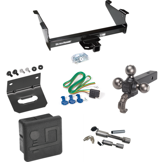 Fits 2006-2008 Dodge Ram 1500 Trailer Hitch Tow PKG w/ 4-Flat Wiring Harness + Triple Ball Ball Mount 1-7/8" & 2" & 2-5/16" Trailer Balls w/ Tow Hook + Dual Hitch & Coupler Locks + Hitch Cover + Wiring Bracket By Draw-Tite