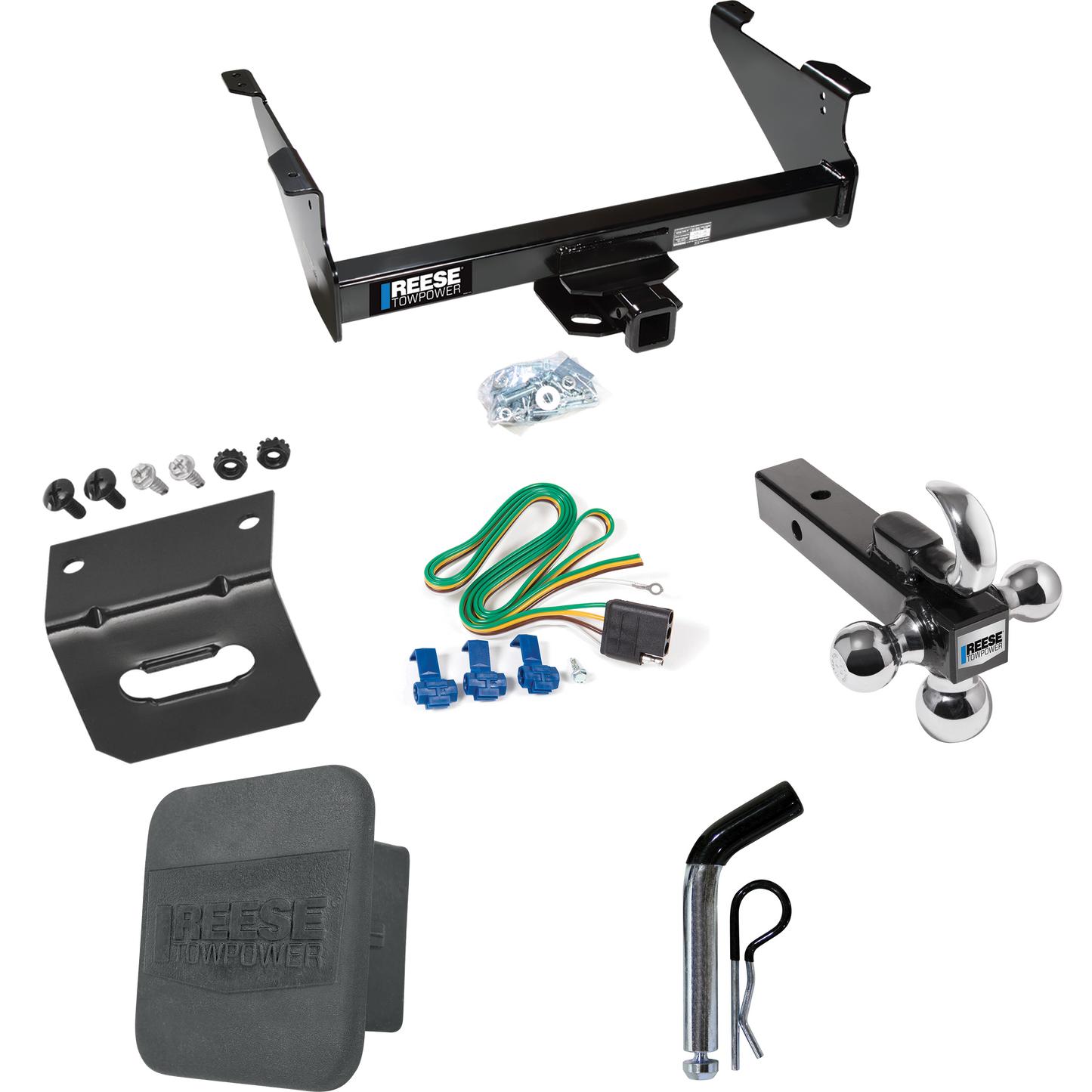 Fits 2003-2010 Dodge Ram 2500 Trailer Hitch Tow PKG w/ 4-Flat Wiring Harness + Triple Ball Ball Mount 1-7/8" & 2" & 2-5/16" Trailer Balls w/ Tow Hook + Pin/Clip + Hitch Cover + Wiring Bracket By Reese Towpower